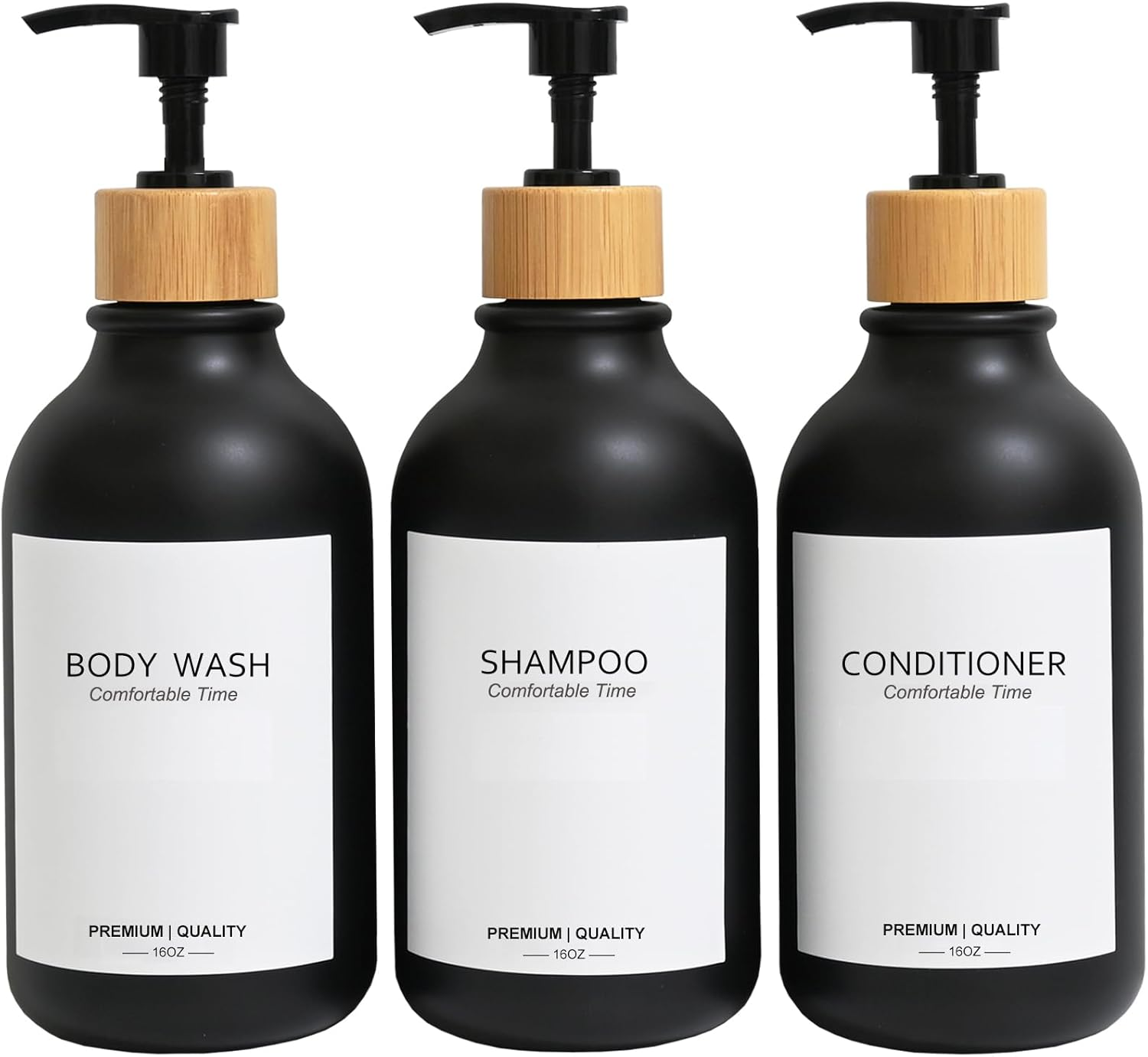 Frosted Heavy Duty Shampoo and Conditioner Bottles, Apothecary Dispenser Bamboo Pump, Refillable Shampoo Bottles for Shampoo Lotion Oil Shower Soap Hand Soap and Dish Soap (Matte Amber)