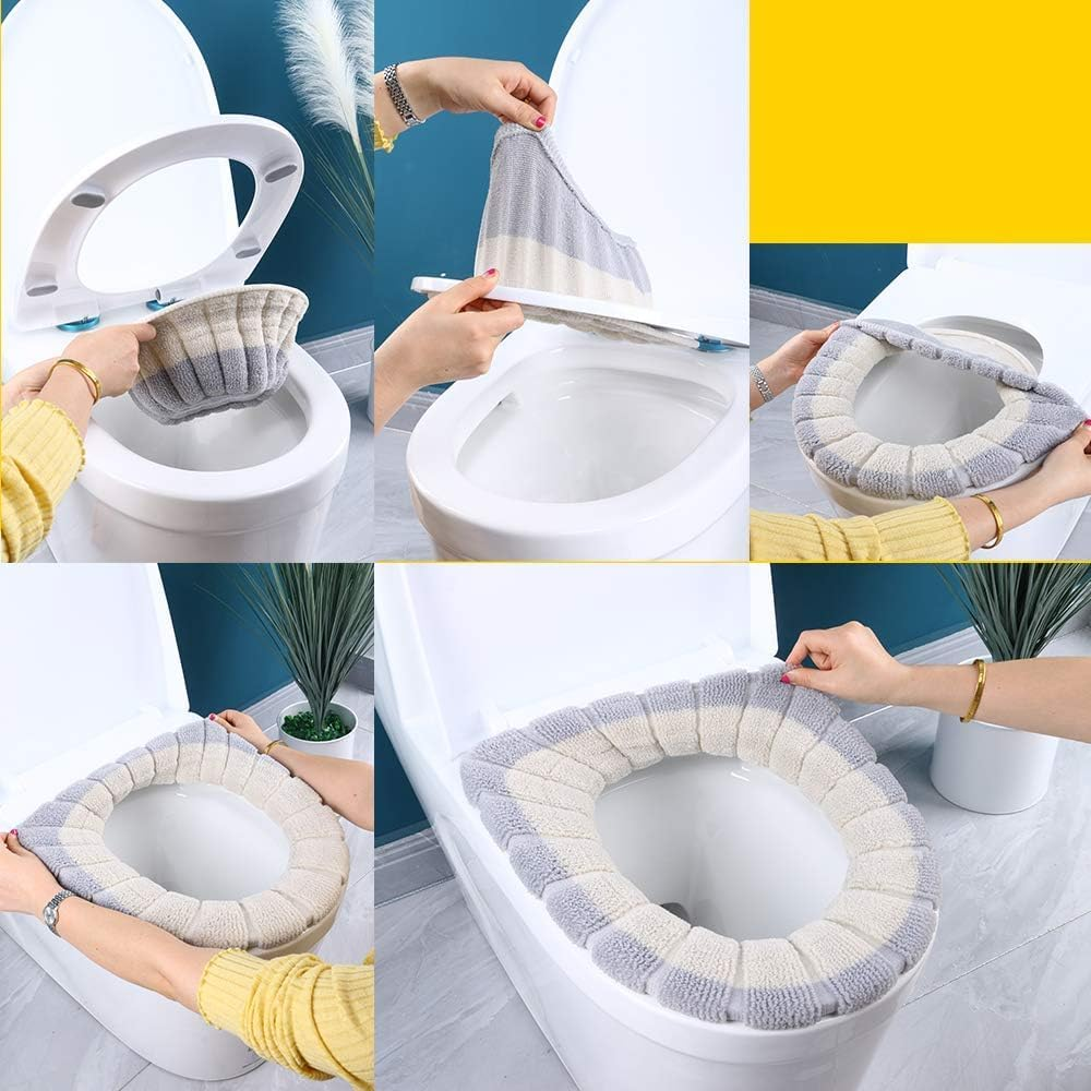 3 Pcs Soft Toilet Seat Cover Pad O Type Warmer Stretchable Thicker Washable Cloth Double Color image number 2
