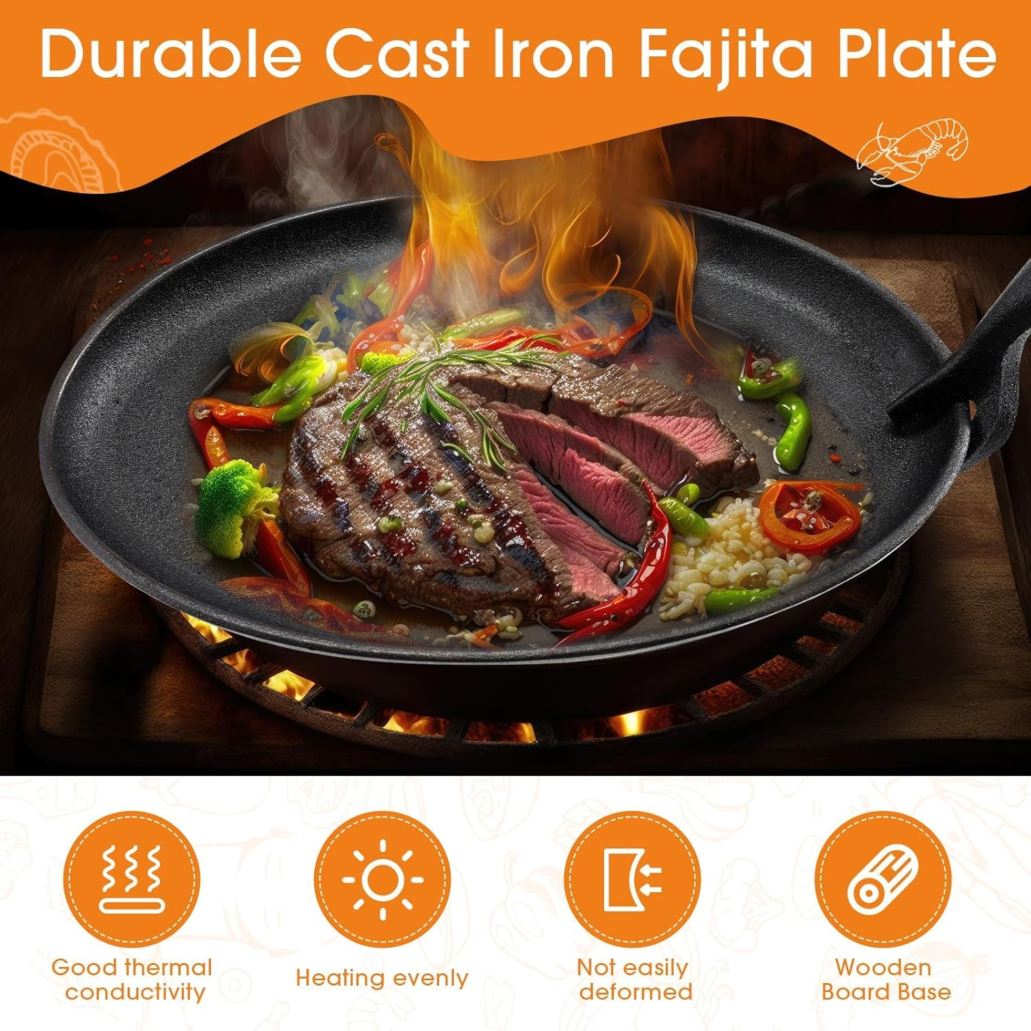 Cast Iron Skillet Set 10.63'' X 6.89'', Fajita Plate Sizzling Pan with Wooden Base anti Scald Protection Removable Handle for Restaurant Kitchen Cooking Accessory BBQ Party, XICEN Steak Pan (4 PCS) image number 3