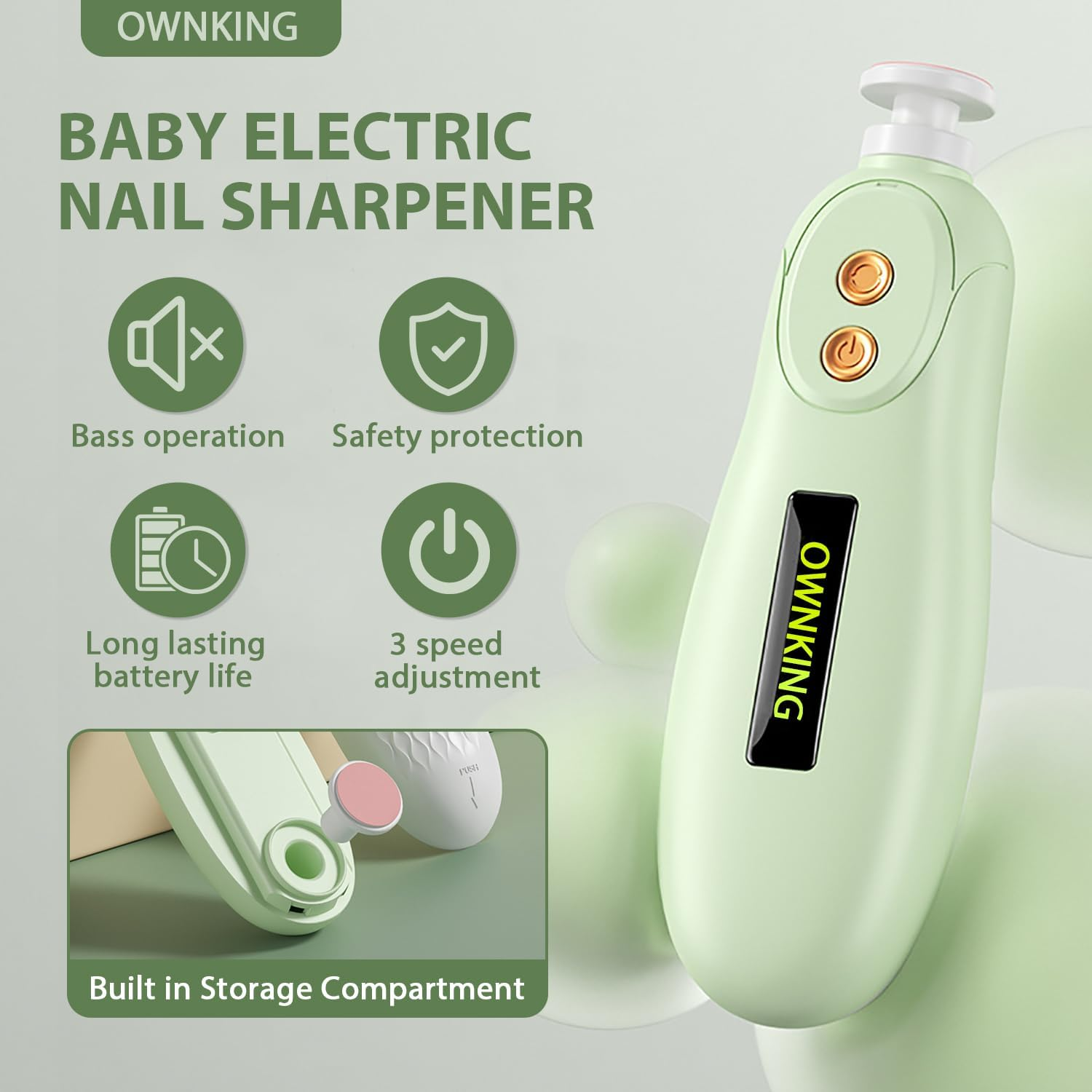 Baby Nail Trimmer, Baby Nail File Electric with Safety Protection, Gentle Nail Trimmer Care Kit with LED Light, Baby Nail Clipper Electric Rechargeable with 7 Replacement Heads, Green - Green image number 5
