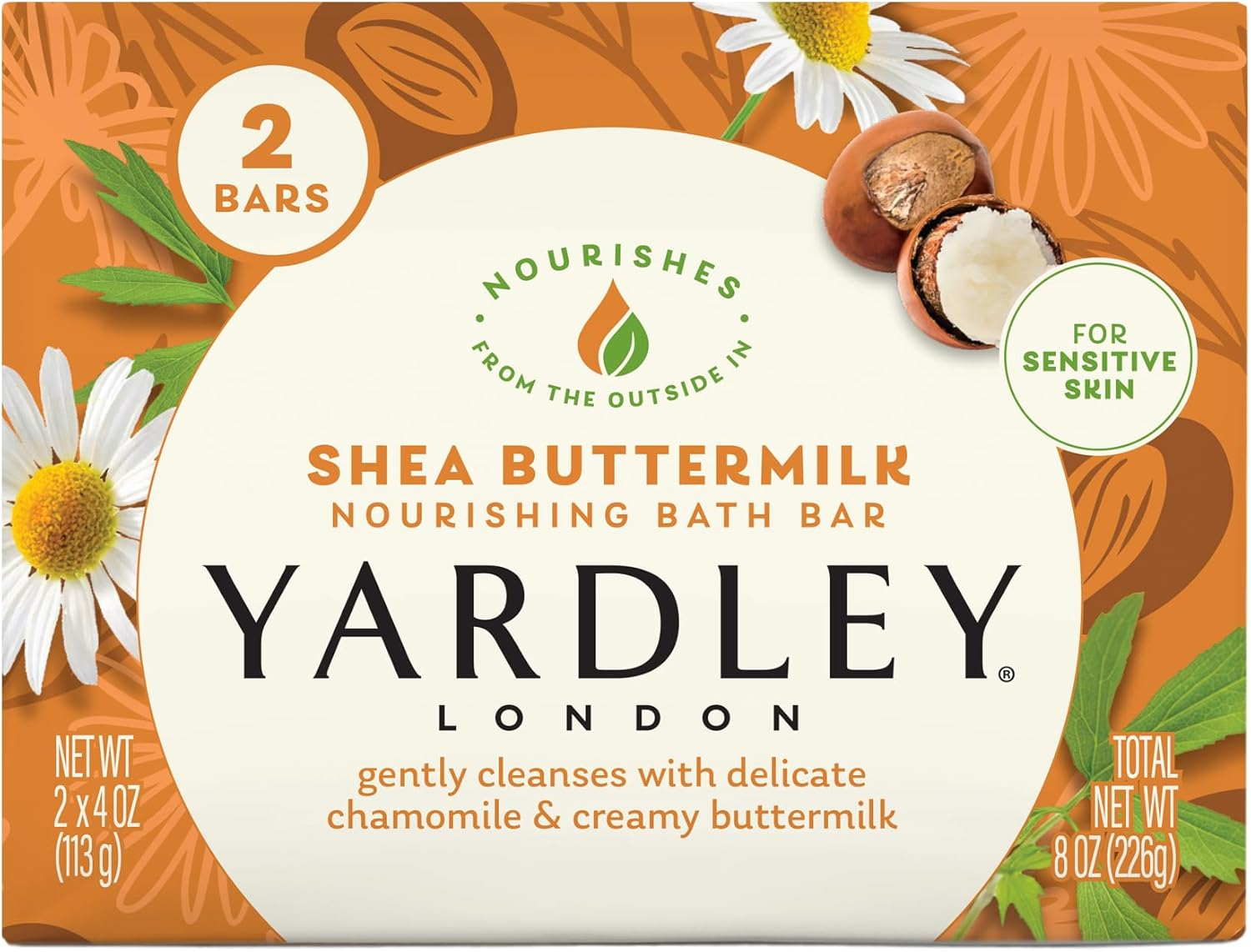 Yardley London Shea Buttermilk Sensitive Skin Naturally Moisturizing Bath Bar, 4.25 Ounce, 2 Count
