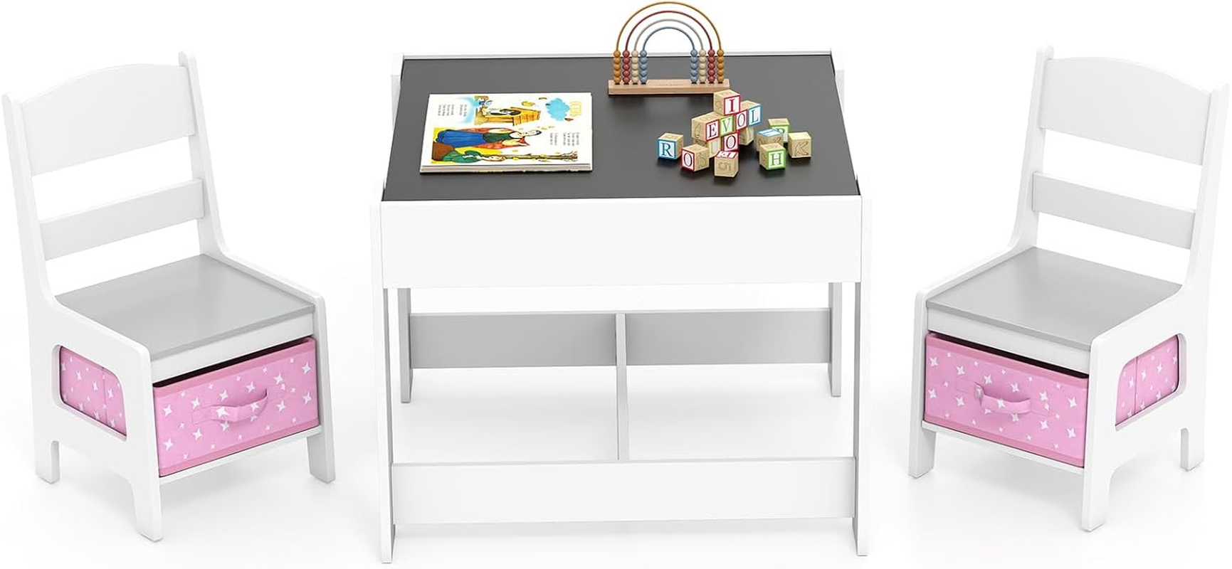 HONEY JOY 3 in 1 Kids Wooden Table & 2 Chair Set, Children Activity Table Desk Sets W/Storage Drawer, Detachable Blackboard, Toddler Table and Chair Set for Drawing, Eating, Reading (Natural)