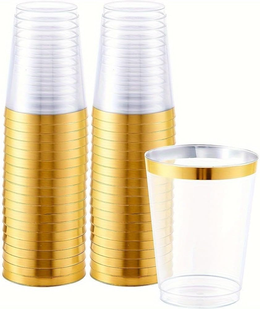 Pack of 50 10 OZ 300 Ml Reusable Plastic Cups with Gold/Silver/Rose Gold Rim Gold Glitter-Elegant Plastic Glasses for Champagne,Beer,Cocktails and Desserts-Stylish Plastic Wine Glasses (Glod) image number 3