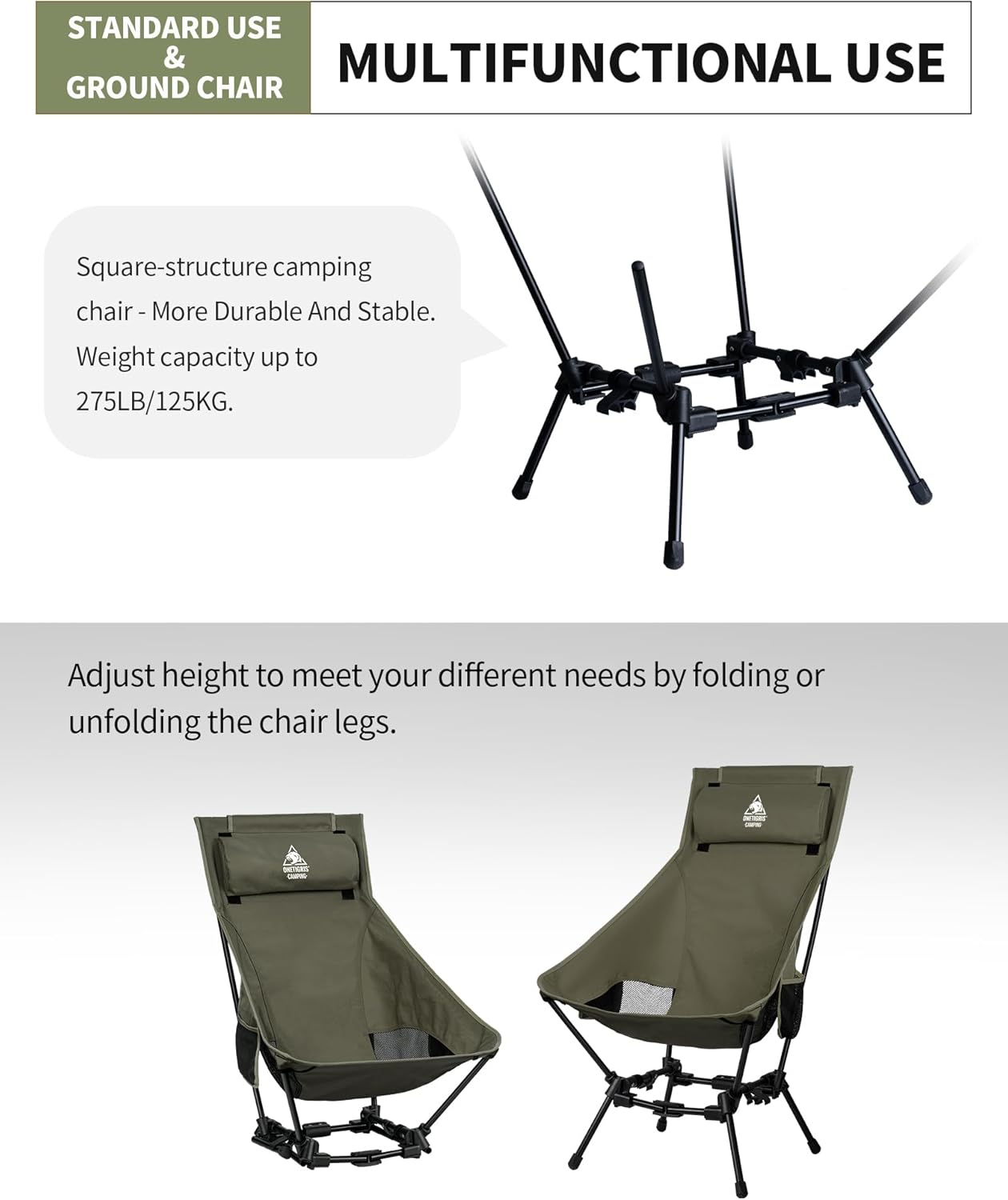 Onetigris Dragonhide Oversized Camping Chair with Pillow Design, Comfortable Widened Seat Folding, 275 Lbs Capacity image number 3