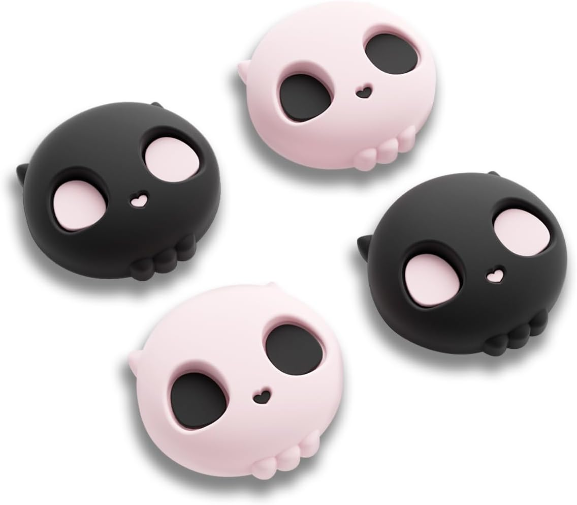 Geekshare Skull Joystick Caps Compatible with Nintendo Switch 2, Anti-Slip Silicone Thumb Grip Caps for Switch 2025, Black & Pink, 4PCS