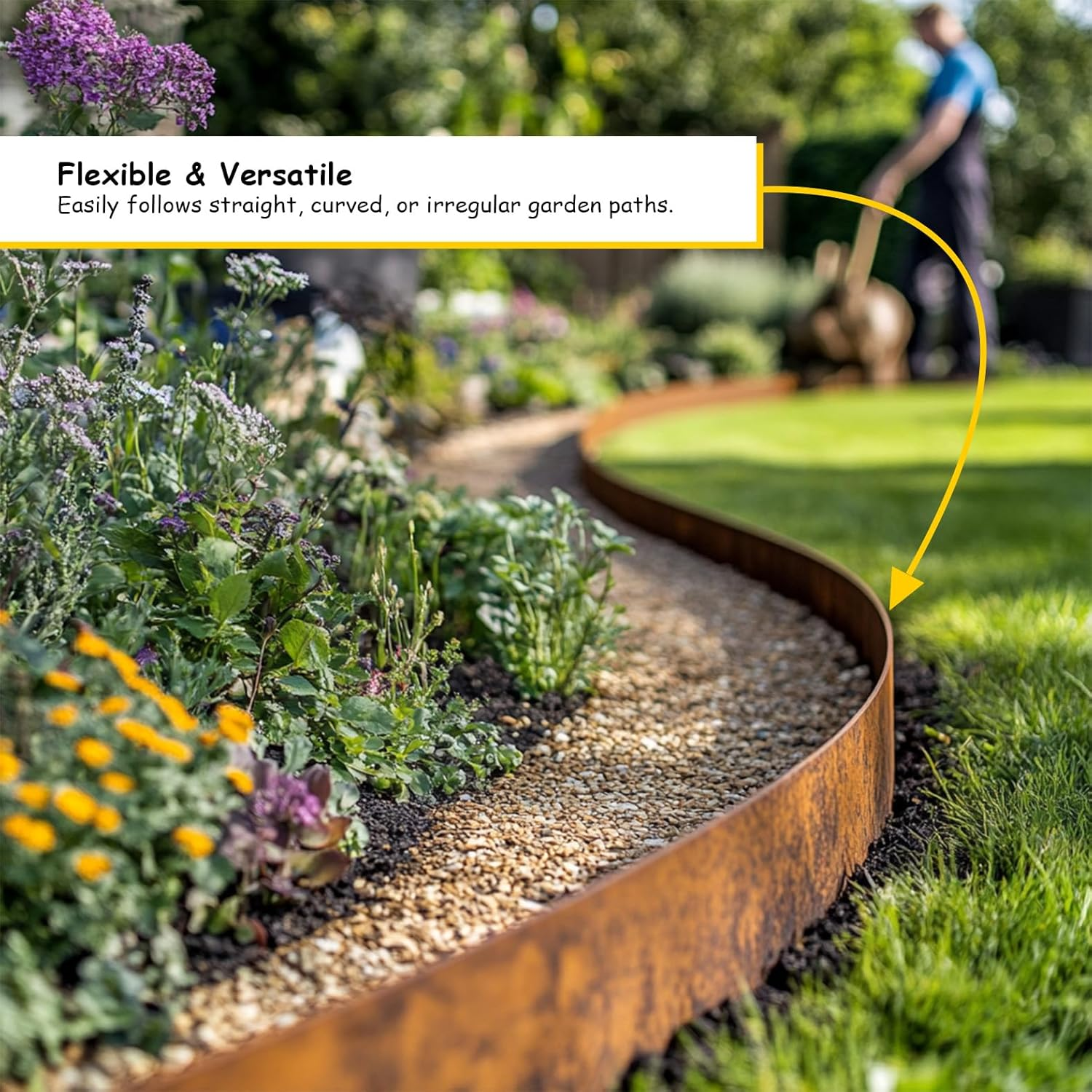 Corten Steel Metal Lawn Edging 10 Metre (33Ft), Roll, Pre-Rusted Metal Garden Edging 14 Cm High, Easy to Install Garden Edge Border, Safety Gloves Included (Rust, 10M) image number 2