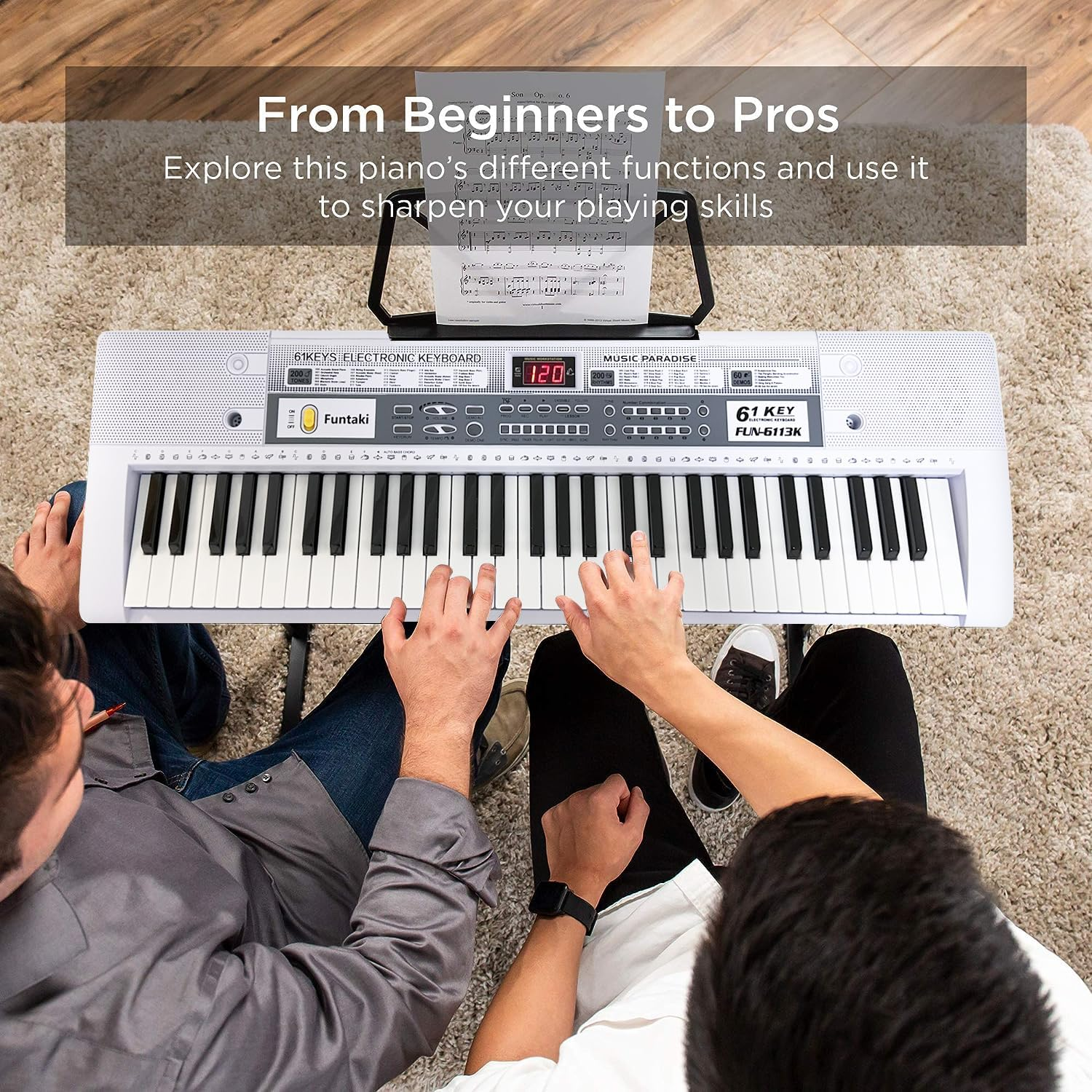 Funtaki 61 Key Electric Piano Keyboard with Lighted Keys, Digital Portable Synthesizer Keyboards with Stand, Mini Music Keyboard Pianos for Beginners Kids Adults, White image number 5