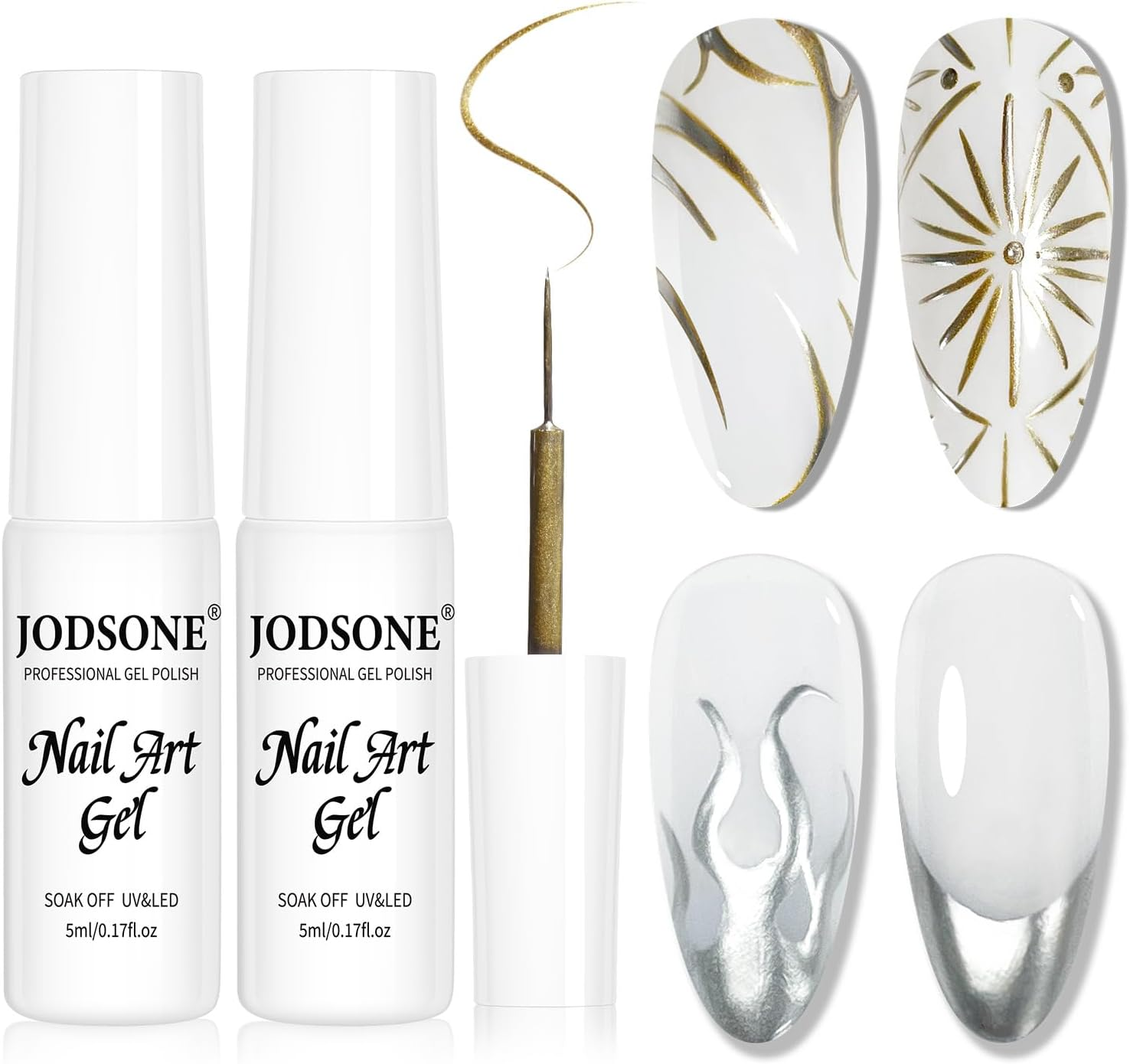 JODSONE 2Pcs Metallic Nail Art Gel Liner Gold Mirror Chrome and Silvery 3D Effect Gel Nail Polish Thin Brush Metal Painted DIY at Home Salon