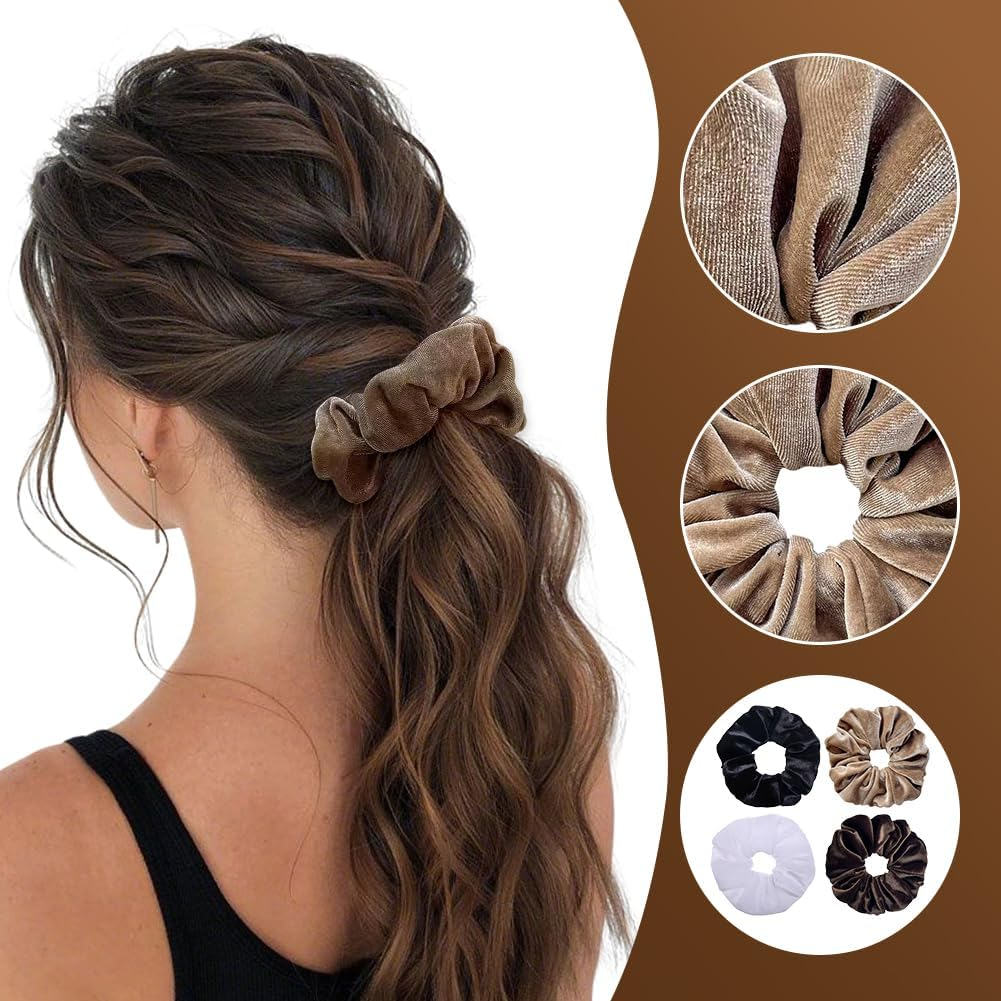 Pack of 4 Women'S Hair Scrunchies Plain Velvet Hair Scrunchies Large Hair Bobbles for Thick Hair, Thick Elastic Hair Accessories, Soft Loops for Everyday, Office, Party image number 3