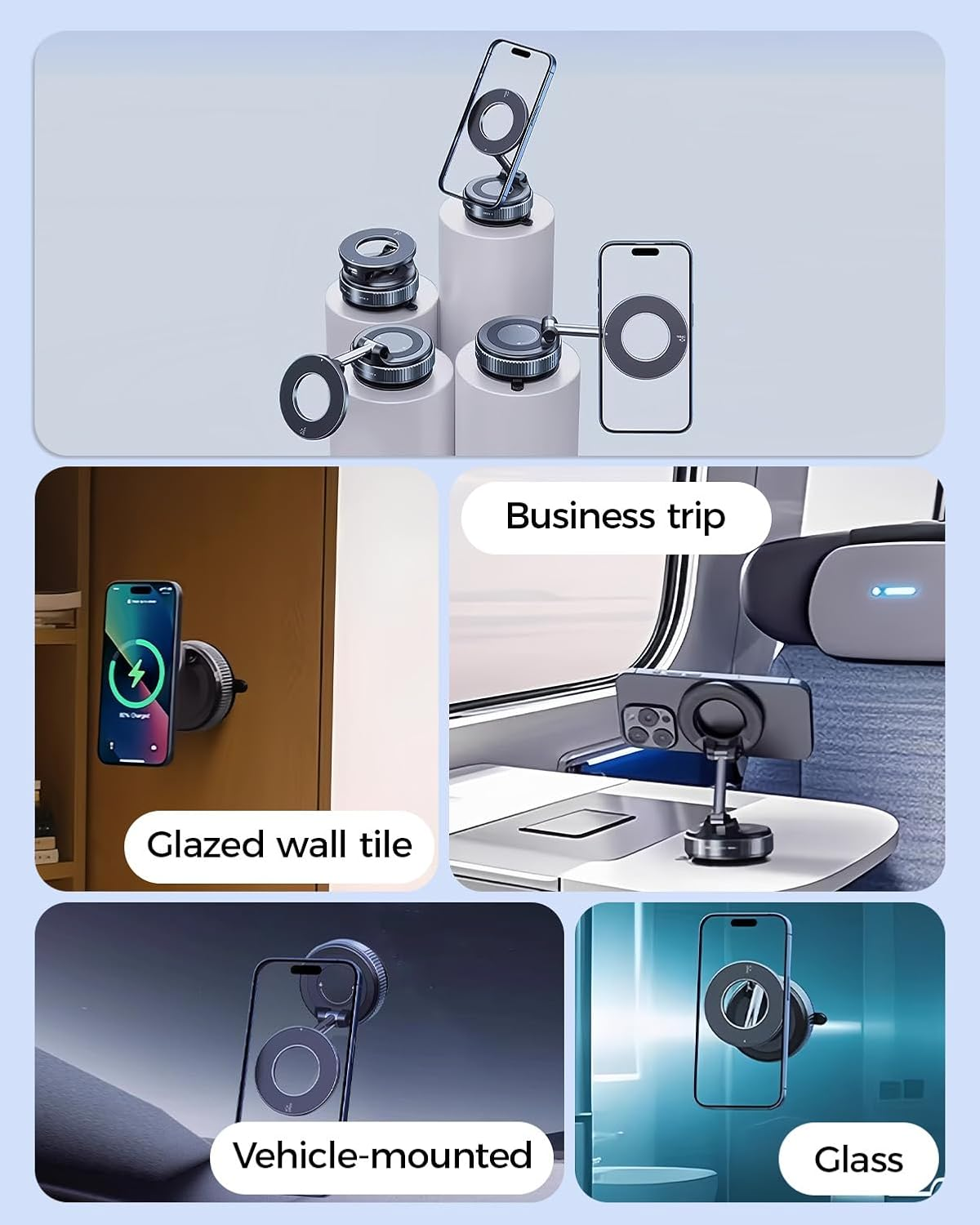 Magnetic Car Phone Holder, Foldable 360&deg; Adjustable Suction Mount, Compatible with Iphone/Samsung Galaxy and Most Smartphones for Car, Gym, Bathroom Mirror image number 6