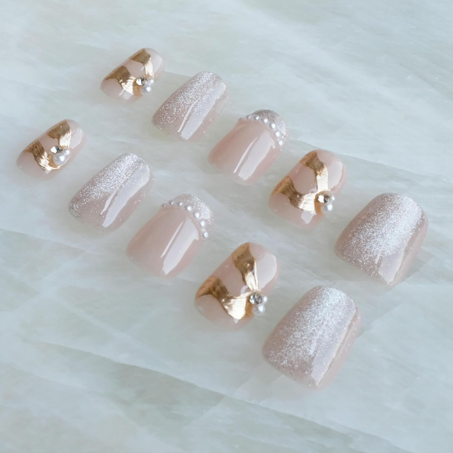 [GLORS] Purely Handmade Press on Nails | Elegant French Pink Pearl Gold Fake False Nail | Salon Quality in Short Square Shape, 10 Pieces (Small, SS)