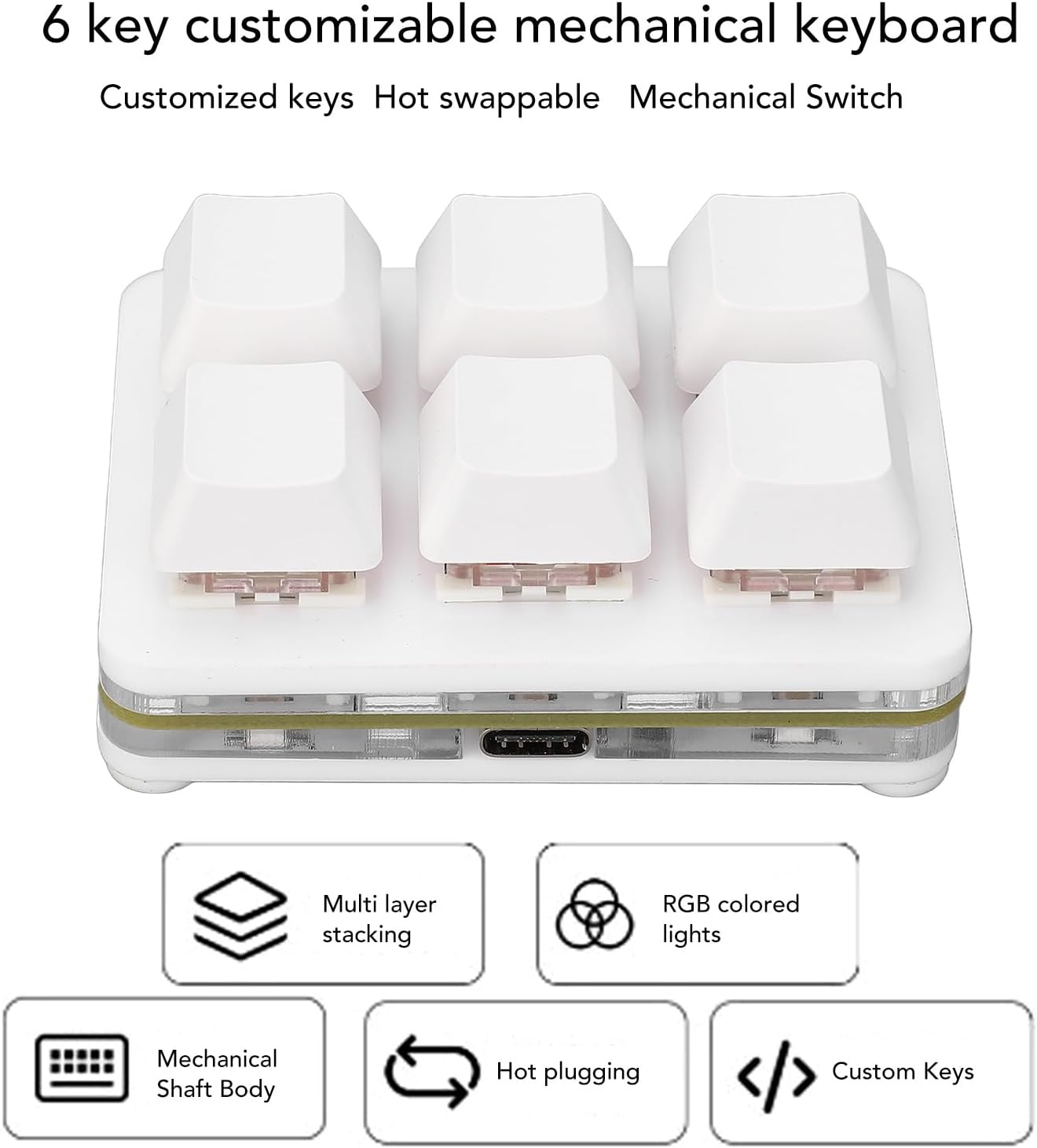 6 Key Mini Keyboard, RGB Macro Customized Programmable OSU Keypad with Red Switch, One Handed Gaming Keyboard for Game Office (White) - White image number 4