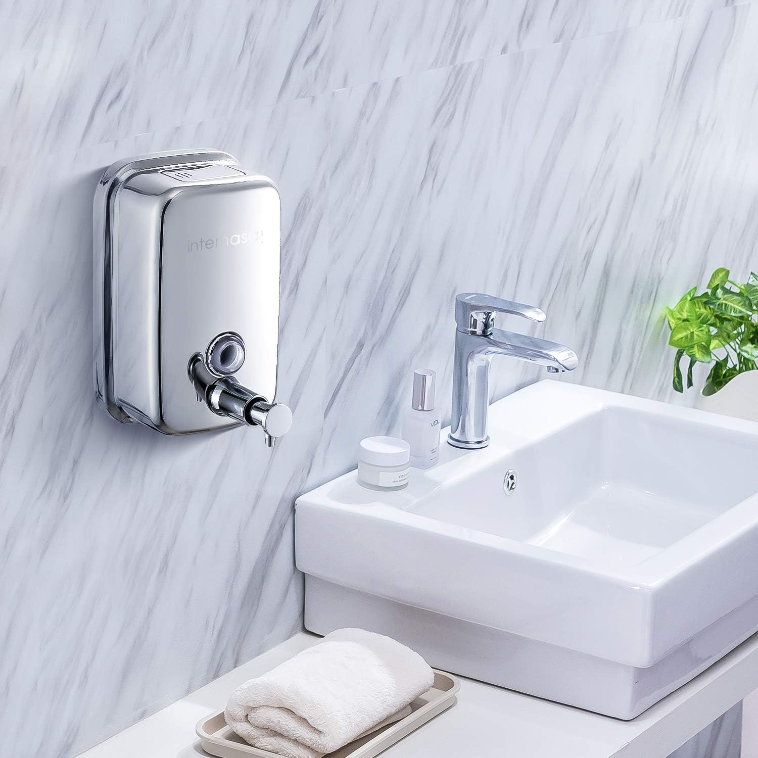 Interhasa! Stainless Steel Soap Dispenser, Commercial Manual 500Ml/17Oz Wall Mounted Hand Soap Dispenser for Bathroom Kitchen, Silver, 60 * 95 * 150 Mm 0.33 Kg image number 1