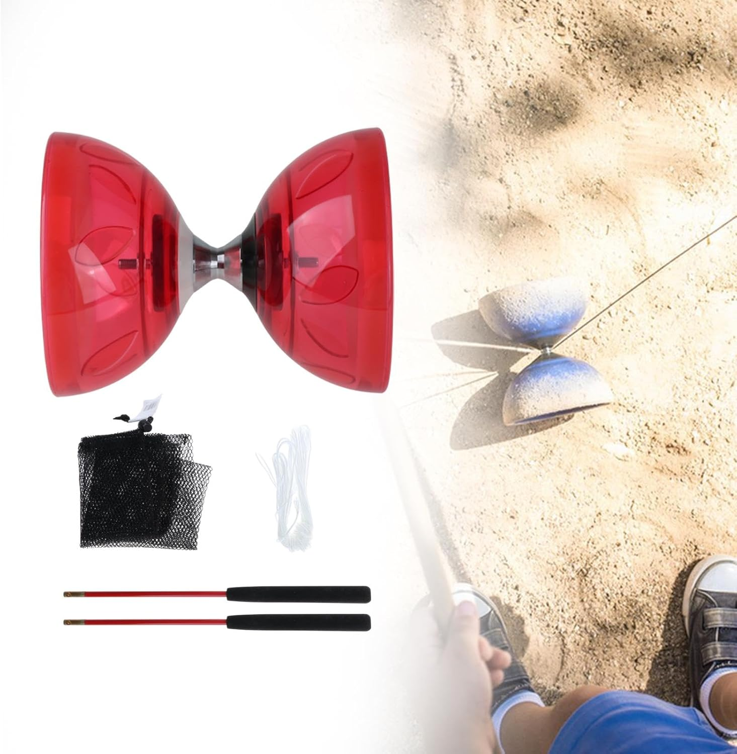 EHJRE Diabolo Toy Set with Sticks and Ropes for Juggling Fun for Kids and Adults, L Red