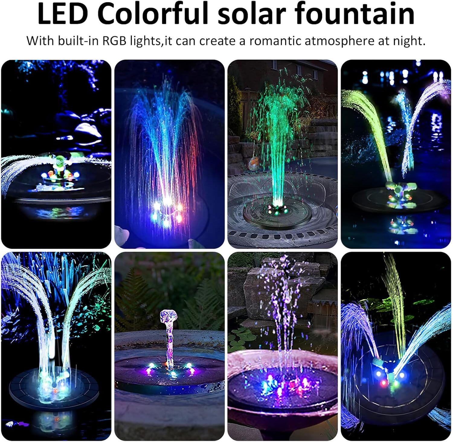 Solar Powered Fountain Pump with RGB Colorful Lights Water Shortage Protection Upgraded Solar Panel Outdoor Birdbath Garden Fountain for Patio Pool Landscape image number 5
