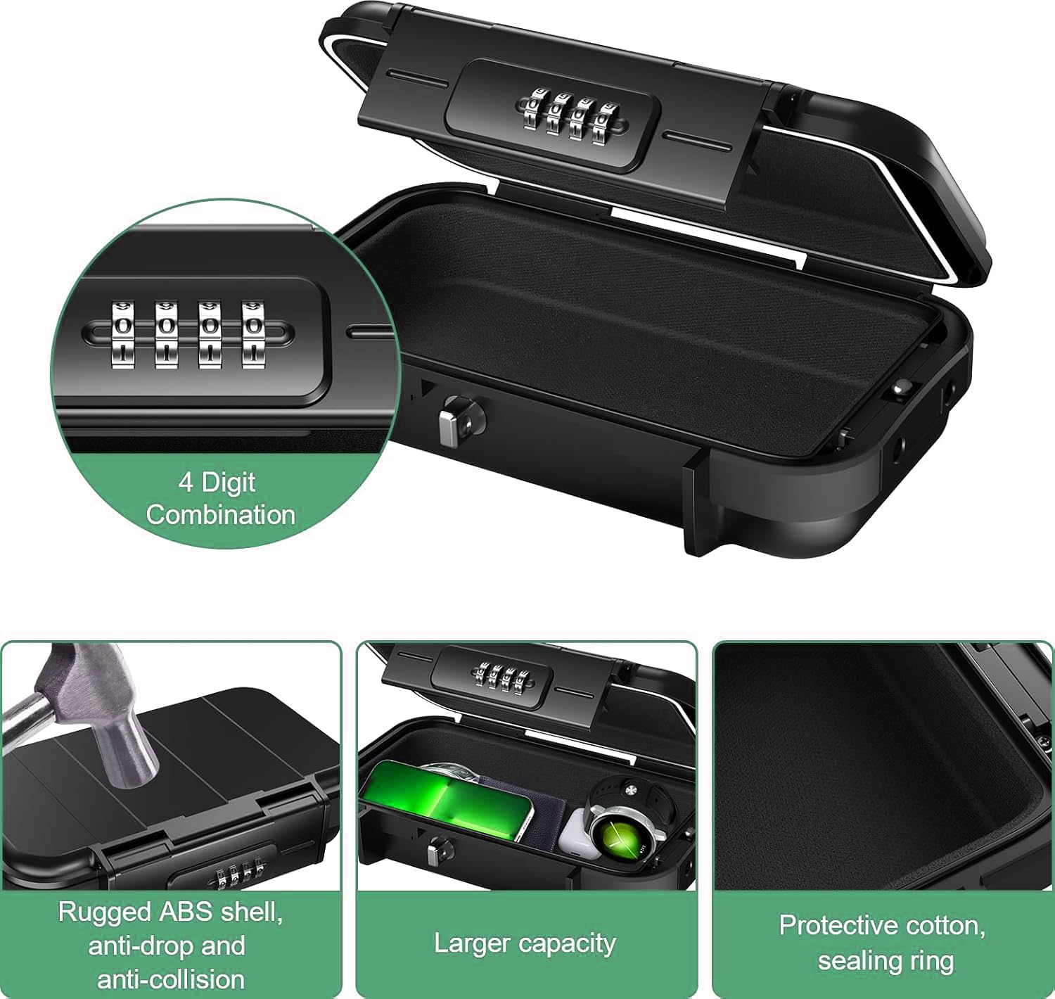 RUNTOO MU Portable Safe Box, Security Lock Case with 4-Digit Code, Waterproof Shockproof Travel Safe Lock Cash Box with Removable Wire Rope for Dorm, Travel, Beach, Hotel, Car, Home, Office