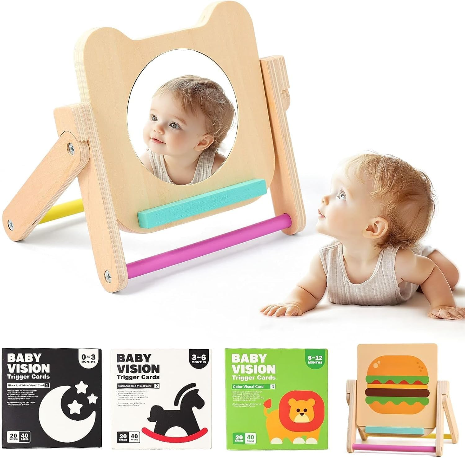 Rotating Baby Safe Mirror with 120 Pages Visual Stimulation Cards - Wooden Tummy Time Mirror Toys - Black White Red and Color High Contrast Baby Flashcards for Brain and Cognitive Development image number 6