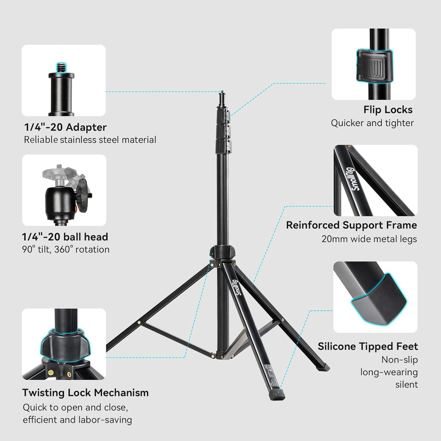 SMALLRIG 78.7"/ 200Cm Light Stand Photography Tripod, Max Load 4Kg, Compact Lightstand for Reflector, Ring/Cob Light, Small Softbox, Umbrellas, Folded Size 22"/ 56Cm RA-S200-4379 image number 5