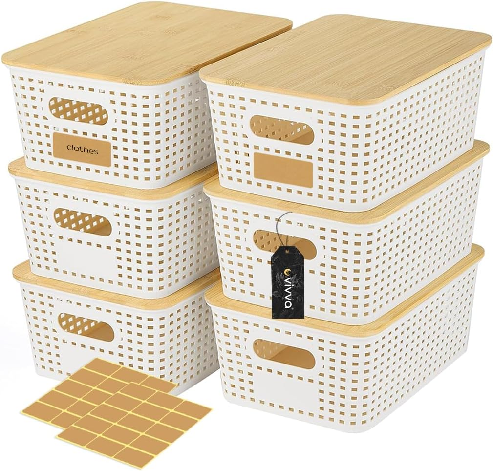 Vivva 6 Pack Plastic Storage Baskets with 30Pcs Labels Bamboo Lid Containers Stackable Bins Basket for Organizing Shelves Drawers Desktop Closet Playroom Classroom Office (Black)