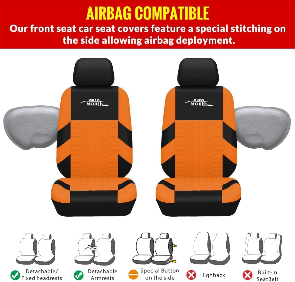 AUTOYOUTH Car Seat Covers Universal Fit Full Set Car Seat Protectors Tire Tracks Car Seat Accessories - 9PCS, Black/Red (Orange) image number 5