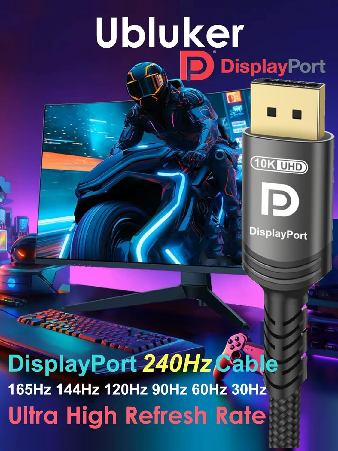 10K 8K 4K Displayport Cable 40Gbps 3 M, VESA Certified DP to DP Cable V1.4 V1.2 Nylon Braided UHBR HDCP DSC1.2 10K 8K60Hz 4K 165Hz 144Hz 2K 240Hz Freesync G-Sync Monitor PC Projector image number 6