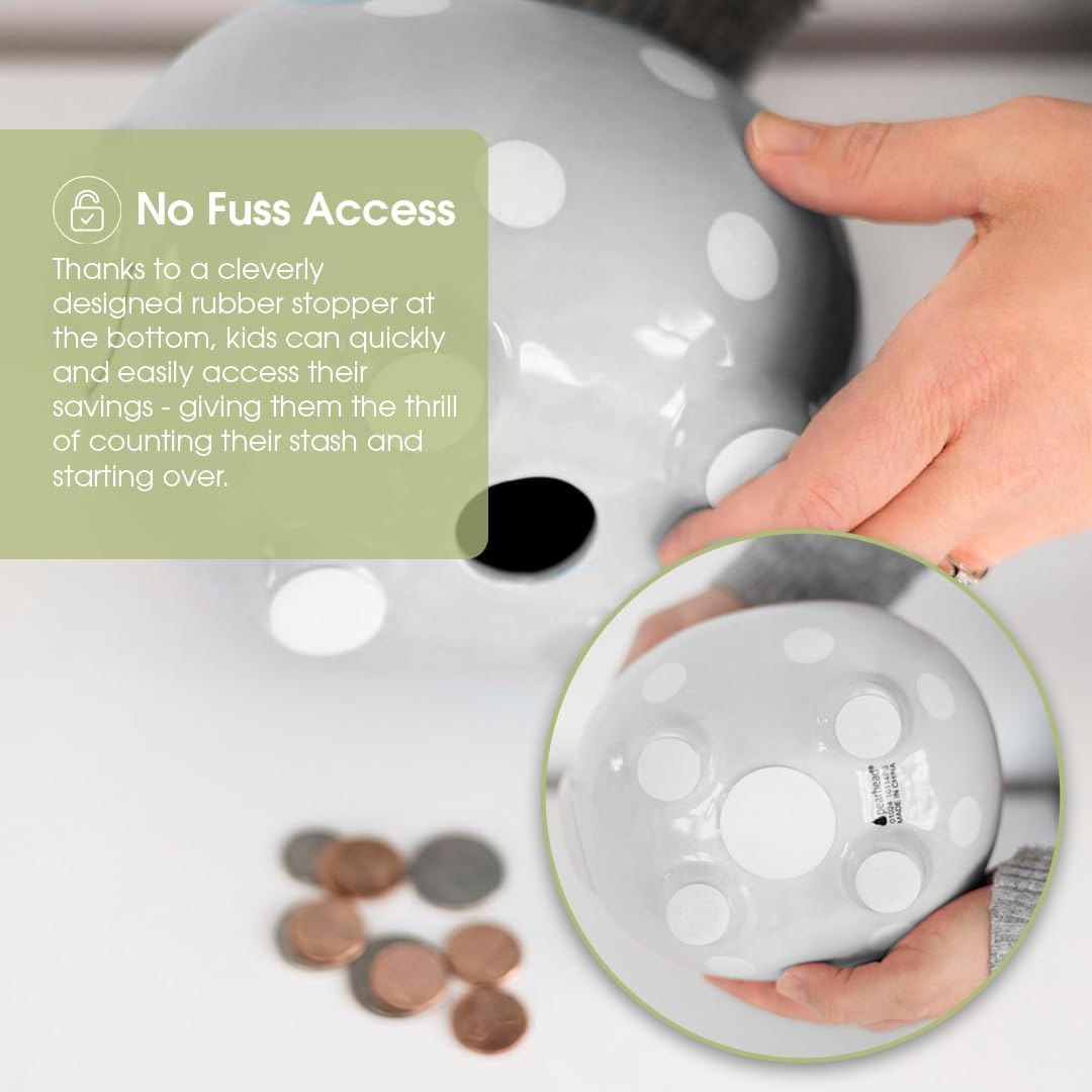 Pearhead Ceramic Piggy Bank, Gender Neutral Nursery D&eacute;cor, Baby Girl and Baby Girl Gift, Gray with White Polka Dots image number 5