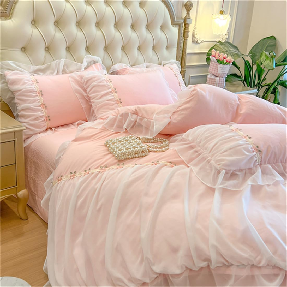 MOOWOO Pink Bedding-Romantic Ruffle Lace Bedding Set 3 Piece Comforter Queen Duvet Cover with Zipper Closure,Coquette Room Decor-Pink,Queen Size image number 1