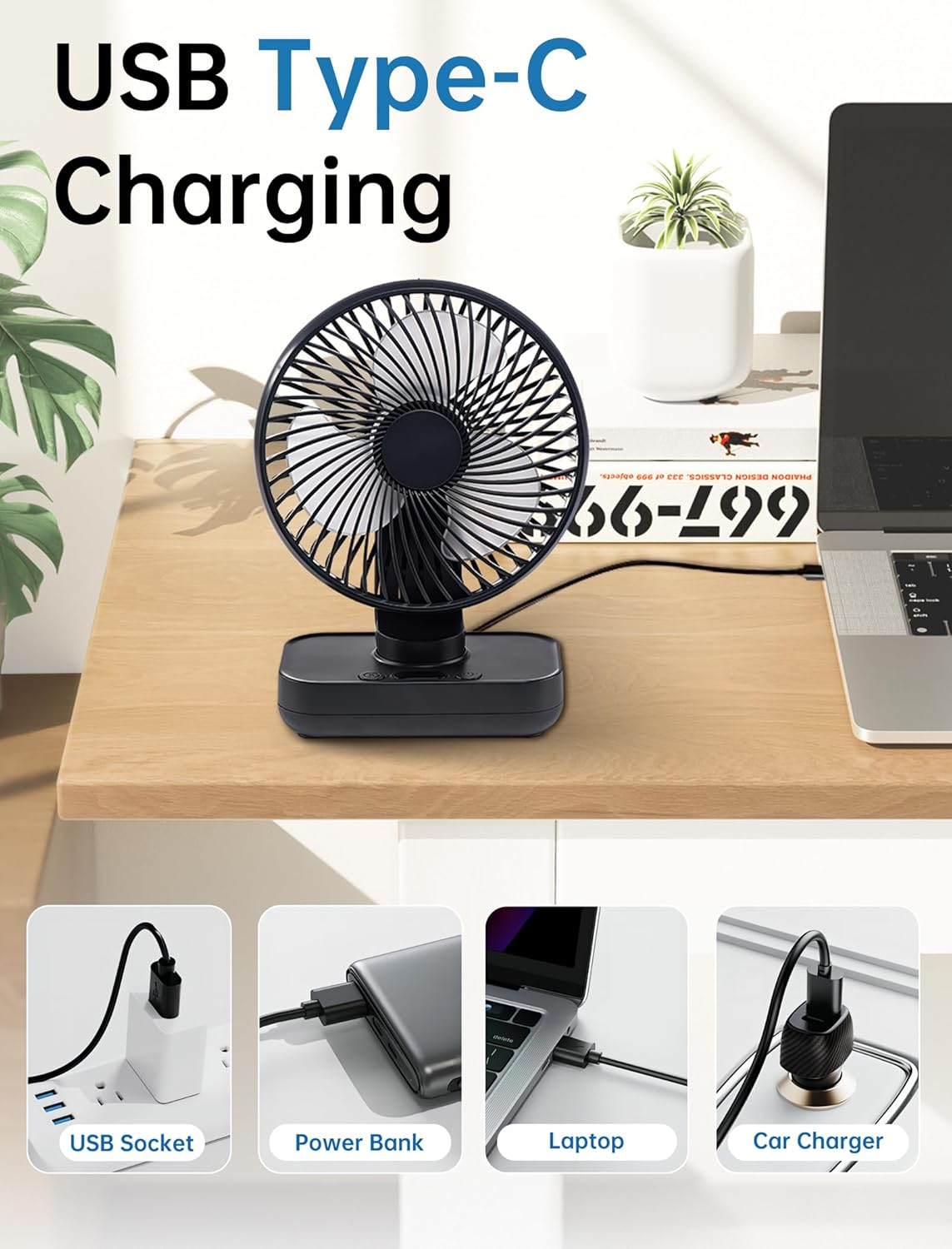 Mini Oscillating Fan Ultra Quiet 4000 Mah Battery Small Table Fan (4-13 H), 4 Speeds LED Digital Display Portable Fan for Library, Home Office, Compact Design image number 6