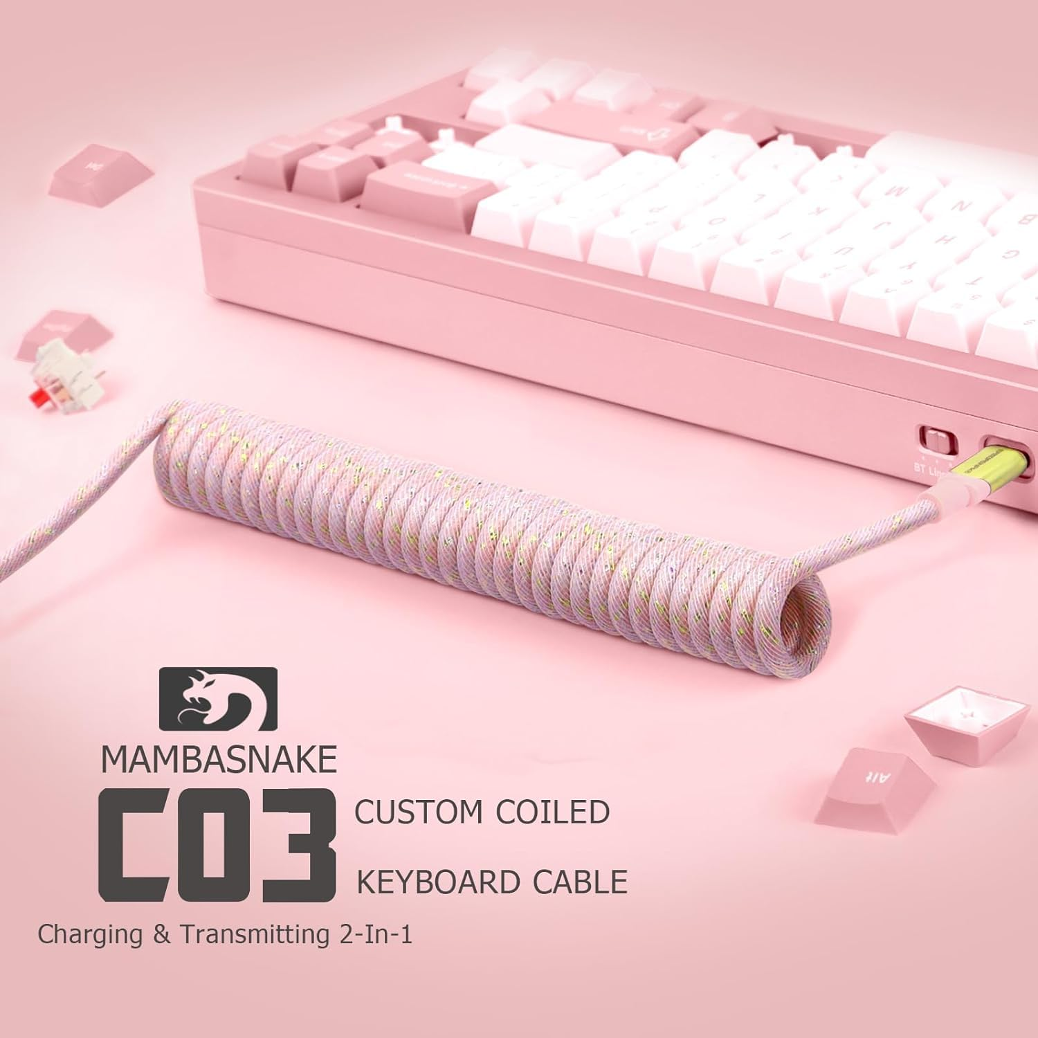 ATTACK SHARK Custom Coiled USB C to a Cable for Gaming Keyboard,Double-Sleeved Starlight Braided Cable with Detachable Metal Aviator 24K Gold Connector 1.7M-2.2M for Phone/Ps4/Android/Xbox-(Pink) - Gray image number 2