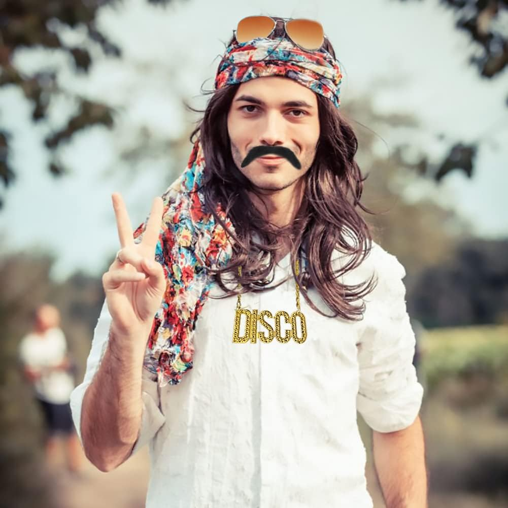 Men Hippie Costume Set - Disco & 60S/70S Accessories: Sunglasses, Mustache, Hippie Glasses, Disco Theme Party image number 2