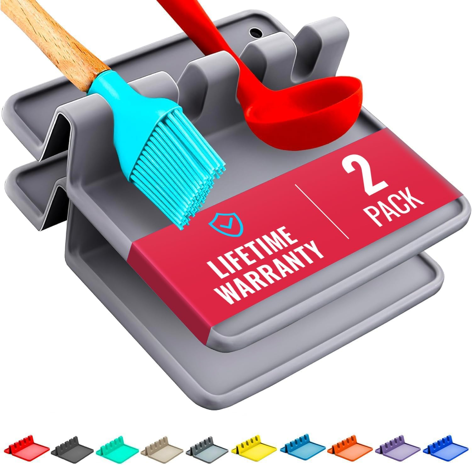 Cooler Kitchen Red Silicone Spoon Rest for Stove Top with Drip Pad (Two Pack) - Heat-Resistant, Bpa-Free Utensil Rest & Spoon Holder for Kitchen Counter - Grill Utensil Holder for Spatulas