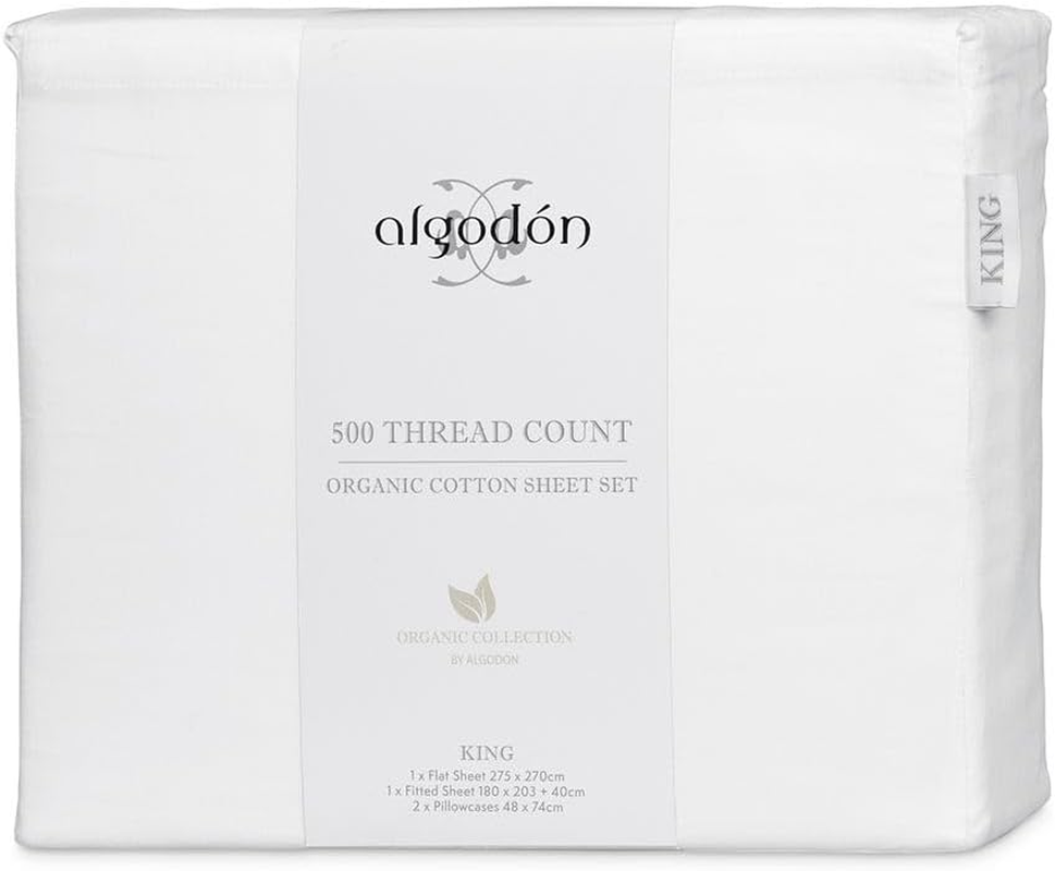 Algodon 500 Thread Count Organic Cotton Bed Sheet with Pillows Set, White, King image number 1