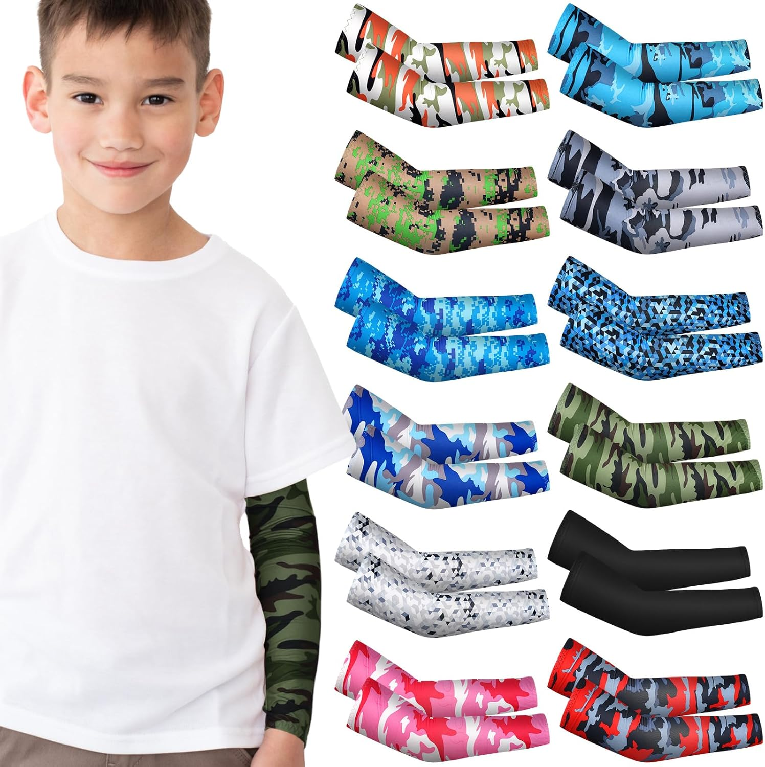 Xuhal 10 Pairs Arm Sleeves for Kids Arm Compression Sleeves Baseball Sleeve UV Sun Protection Cooling Sleeves