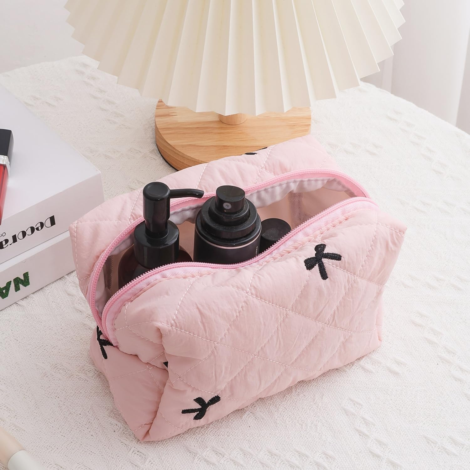 DDPOND Small Quilted Makeup Bag Coquette Mini Cosmetic Bags Aesthetic Trave Purse Cute Bowknot Pouch for Women Travel Toiletry Organizer Case (Pink) image number 4