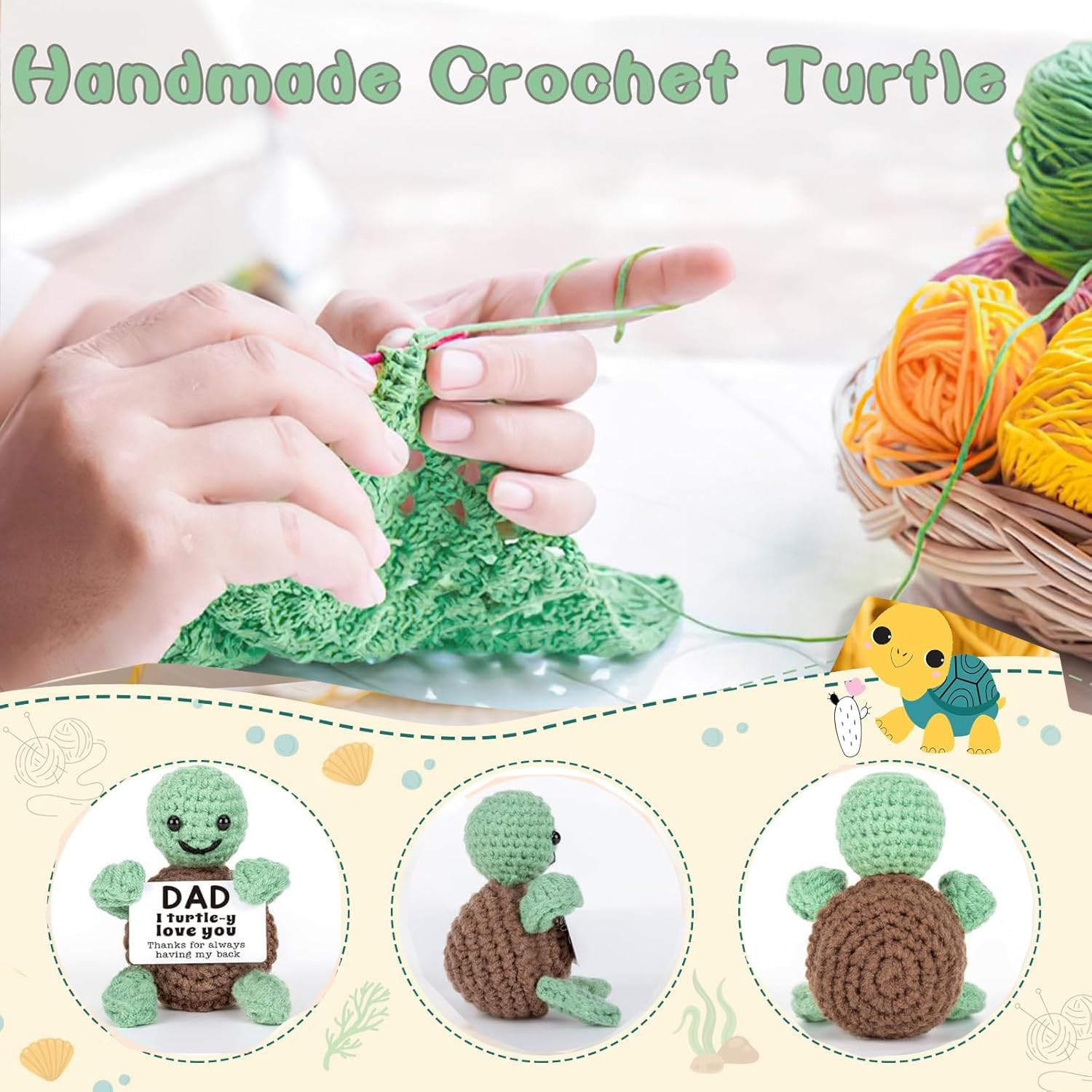 Handmade Crochet Mini Funny Turtle Birthday Gifts Fathers Day, Papa, Father in Law, Step Papa Father, Funny I Love You Dad Present Emotional Cute D&eacute;cor image number 3