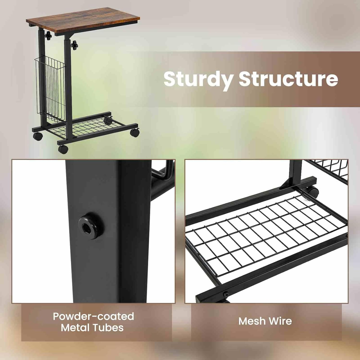 Costway Height Adjustable C Shape Side Table, Mobile End Table with Detachable Wheels, Side Basket and Bottom Mesh Storage, Space-Saving Slide under Sofa Table for Living Room Bedroom (Rustic Brown) image number 6