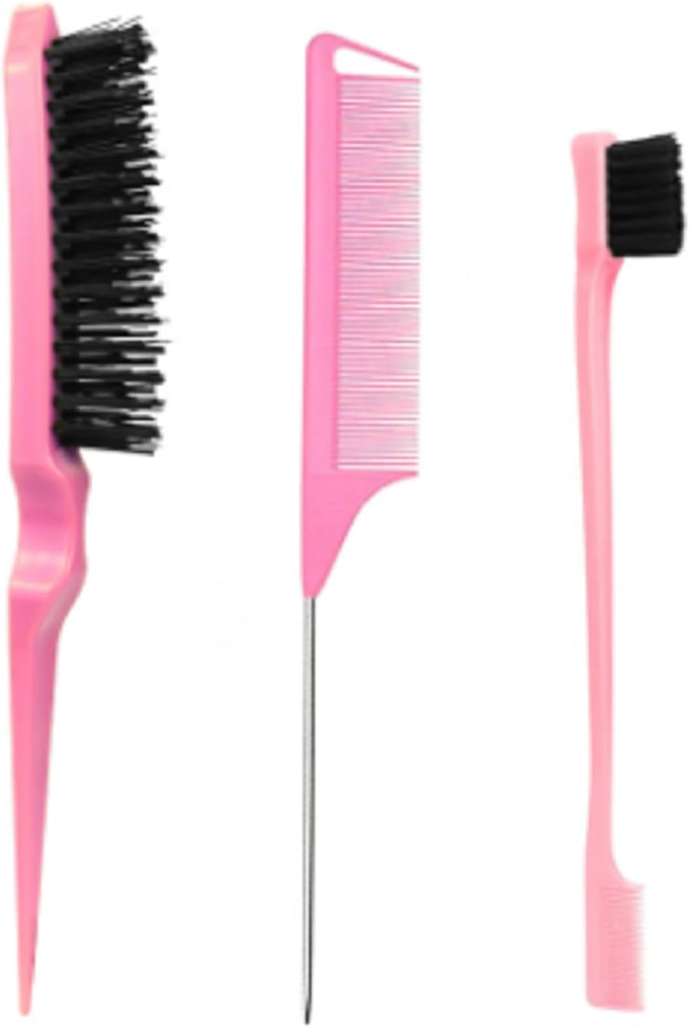 Hair Brush and Comb Set, Pink,3 Pcs Slick Back Hair Brush Set with Edge Brush, Bristle Brush, Rat Tail Comb, Teasing Brush Set for Smoothing Baby Hair & Flyaways - Pink image number 2