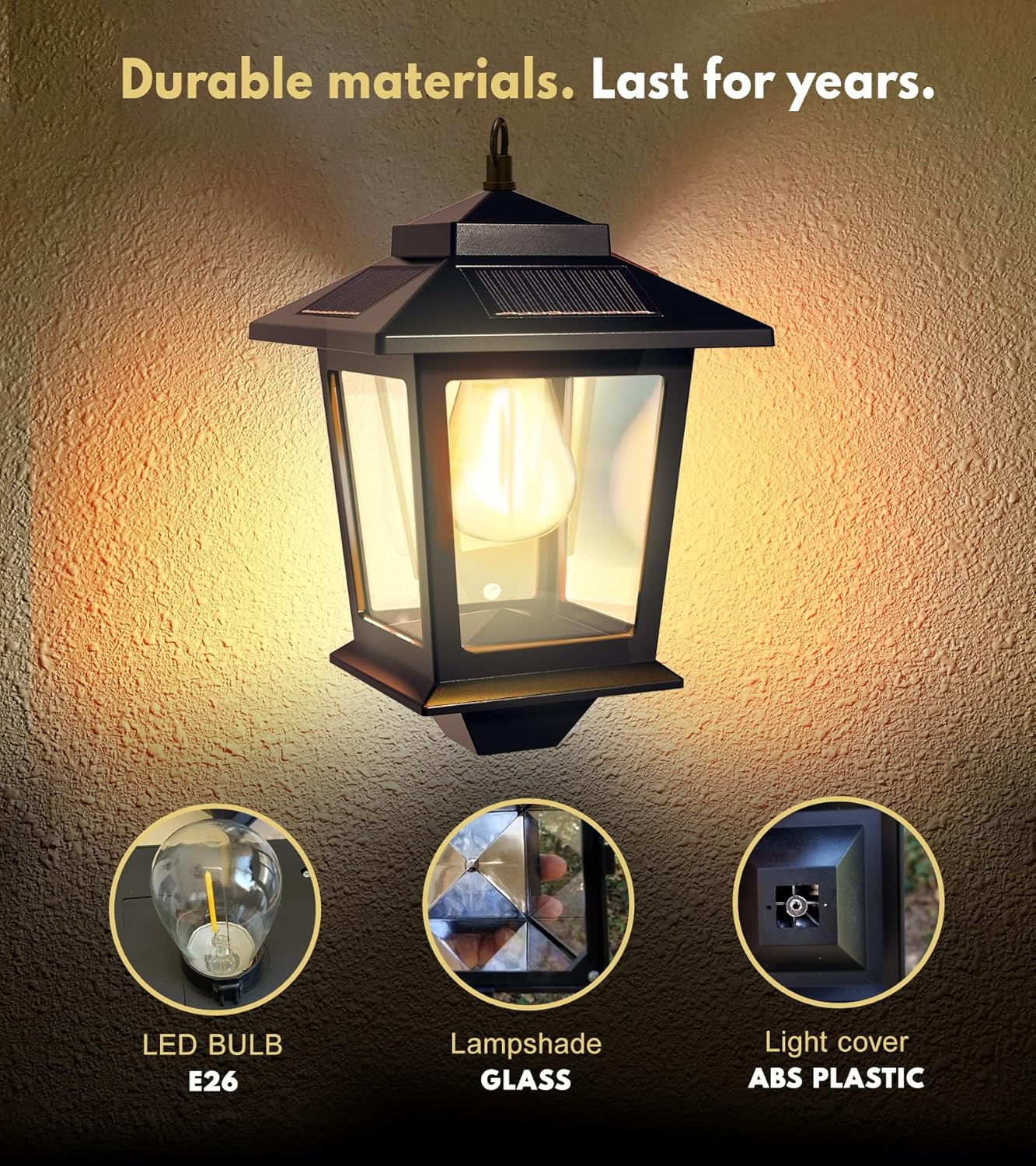 PASAMIC 2 Pack Solar Wall Lanterns with Replaceable Bulb,Outdoor Hanging Lights 4 Panels,Dusk to Dawn Led Outdoor Sconce,Anti-Rust Waterproof Hooks,3000K Warm White, Black image number 6