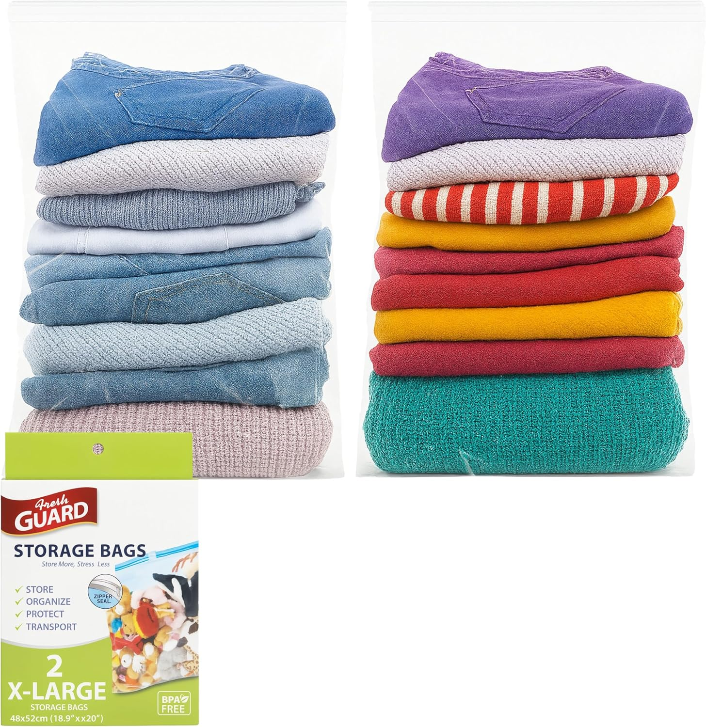 Fresh Guard Extra Large Storage Bags with Zipper &ndash; 2 Pack | Bpa-Free, Reusable, Space Saving for Clothes, Bedding, Travel | Heavy-Duty Plastic Bags 48X52Cm (18.9&rdquo;X20&rdquo;) image number 3