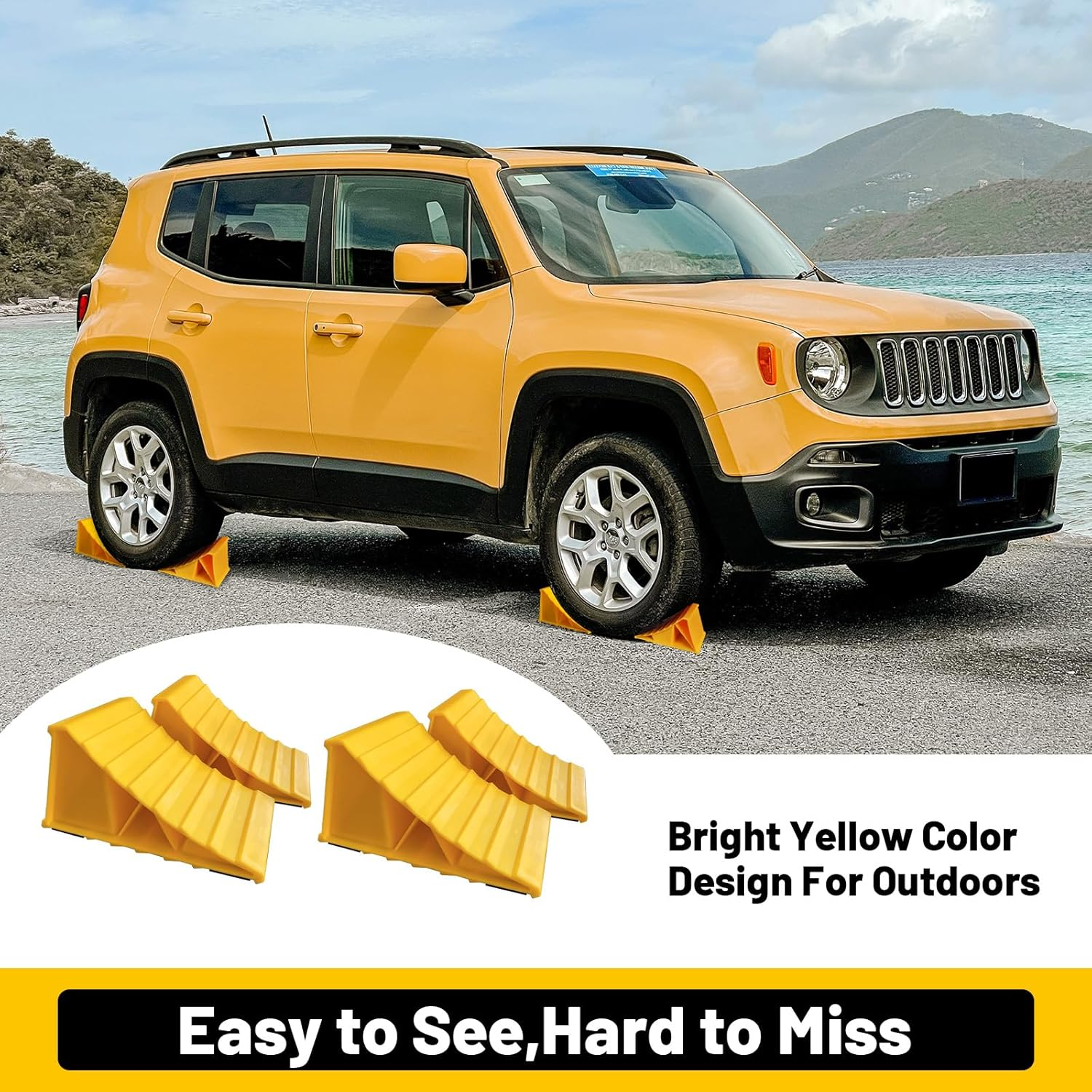 2 Pairs Wheel Chocks for Travel Trailers, Non Slip Heavy Duty Yellow Wheel Chock with Rope, Lightweight Wheel Stoppers for Cars Camper Trucks Rvs, Easy to Carry & Suitable for Most Tyre Sizes