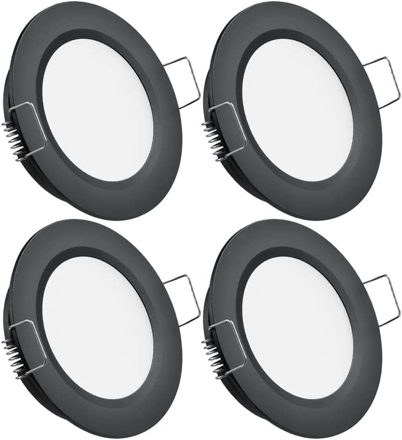 Obeaming 4 X 12V LED Downlights RV Campervan Recessed Ceiling Lights 2.5W Dimmable Spot Lights 215LM for Motorhome Boat Van Caravan Kitchen Cabinet (Black, 3000K)