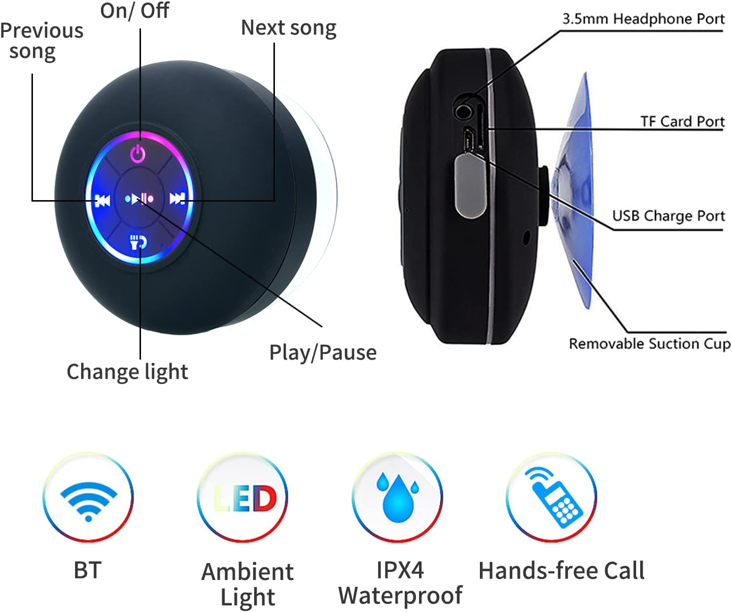 Bt 5.0 Speaker Ipx4 Speaker with Suction Cup Shower Speaker with Built-In Mic Hands-Free Call Ambient Light, Black Black image number 4