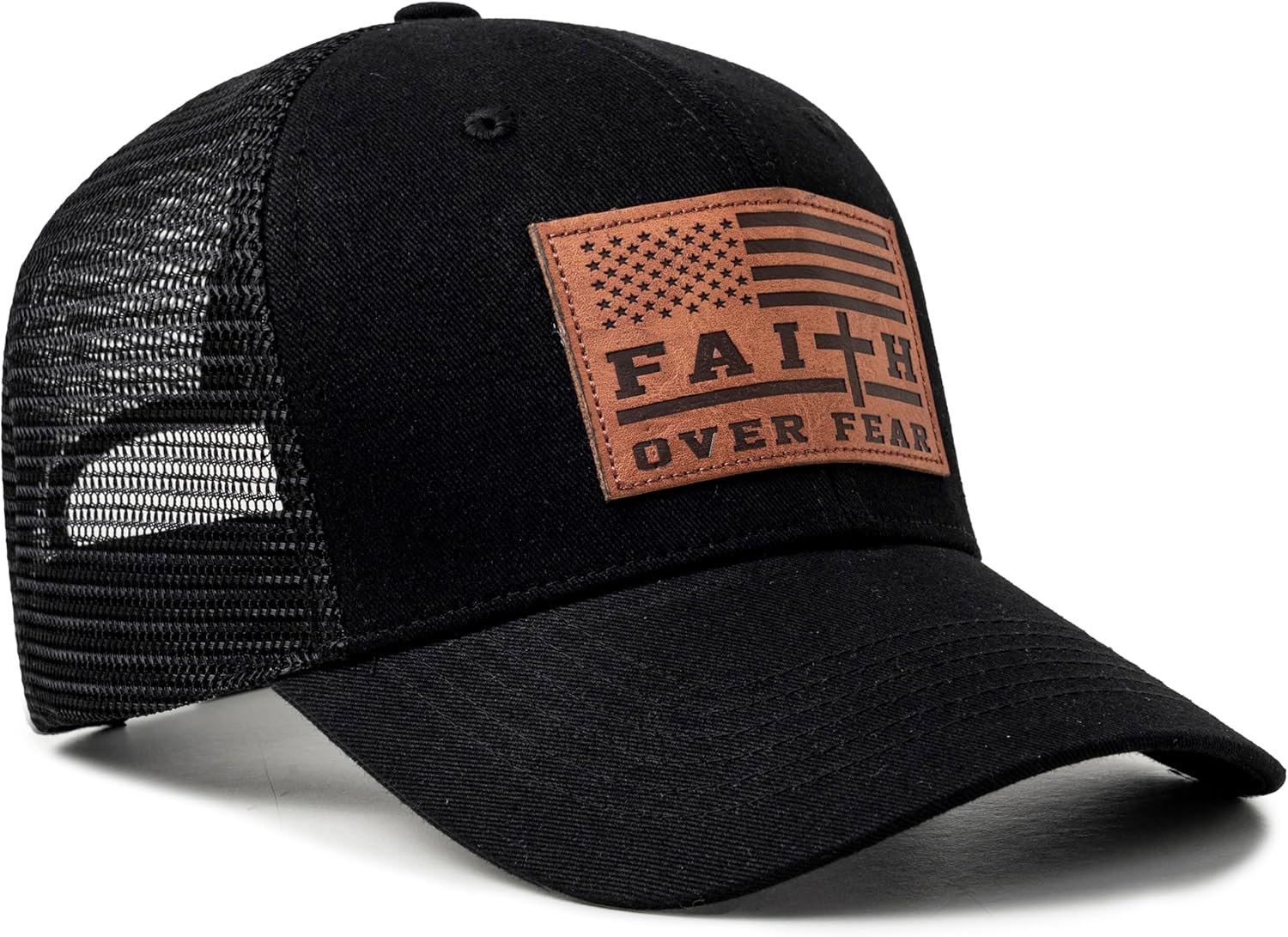 Christian US Flag Hat for Men Women, Faith over Fear Cross Hat, Jesus USA Flag Leather Patch Adjustable Baseball Cap - Christian-Embroidered image number 3