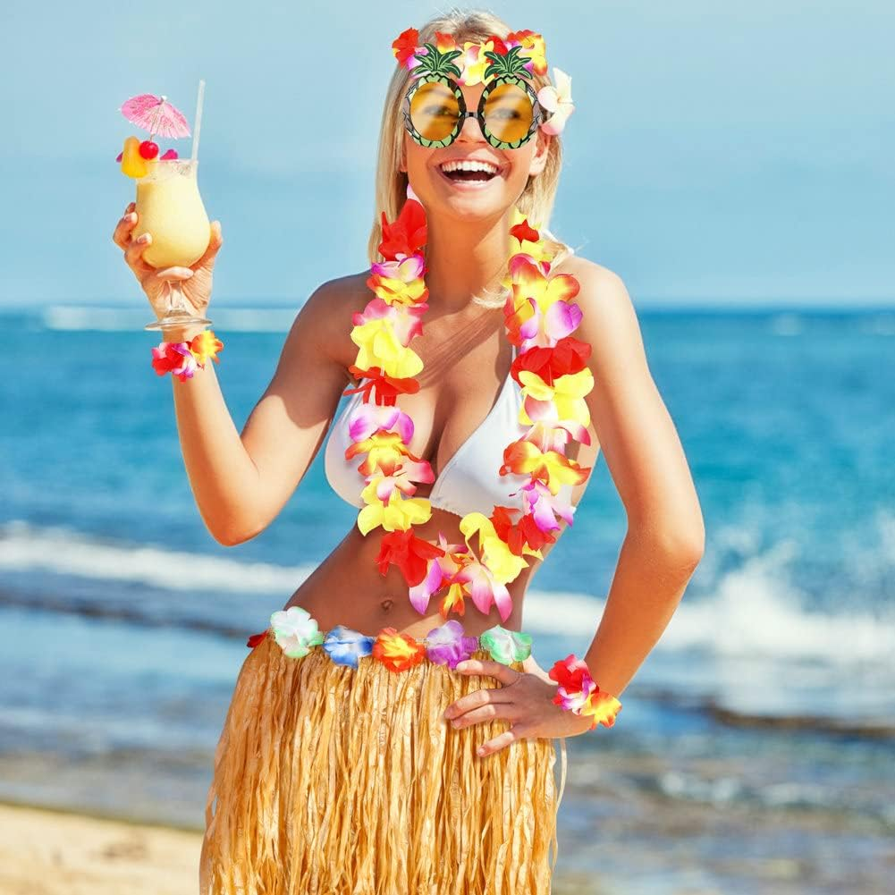 Grass Skirt for Adults, Women Hula Skirt for Hawaiian Luau Party Outfits with Flower Leis and Sunglasses image number 3