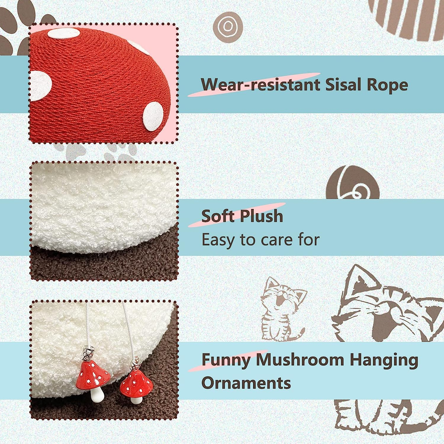 Cat Scratching Post,Mushrooms Cat Scratcher with Sisal Rope Cat Tree Interactive Toys for Indoor Kitten Small Cat Home Decoration image number 2