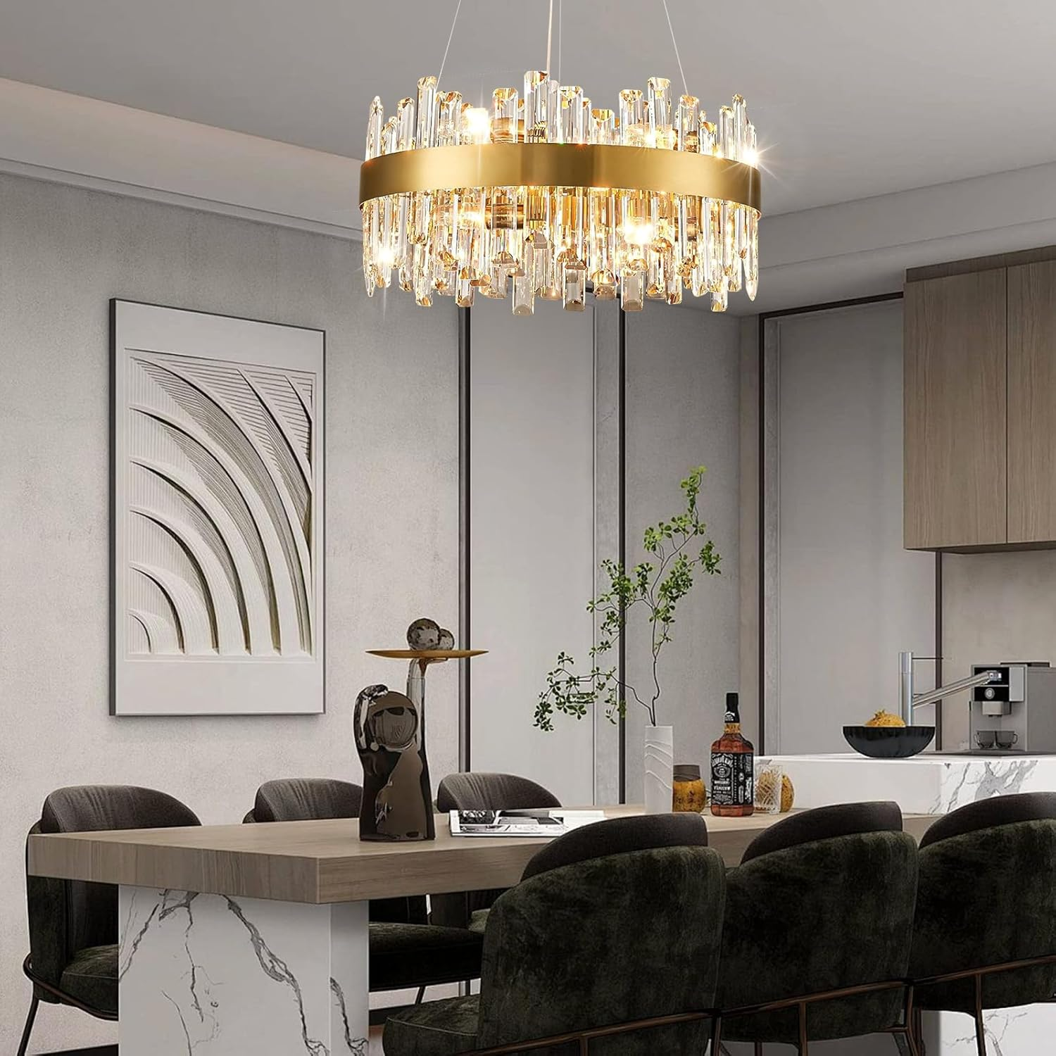 USOR Modern Crystal Chandelier, 12 Lights Gold Pendant Light D60Cm Contemporary round Ring K9 Crystal Ceiling Light Fixture for Dining Living Room Kitchen Island 3 Color Temperature Bulbs Included image number 3