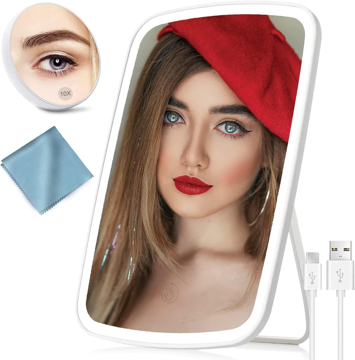 Lighted Makeup Mirror with Lights, Rechargeable Vanity Mirror Make up Mirror with 3 Color Lighting & Brightness Adjustable, Portable Cosmetic Mirror for Makeup, Travel