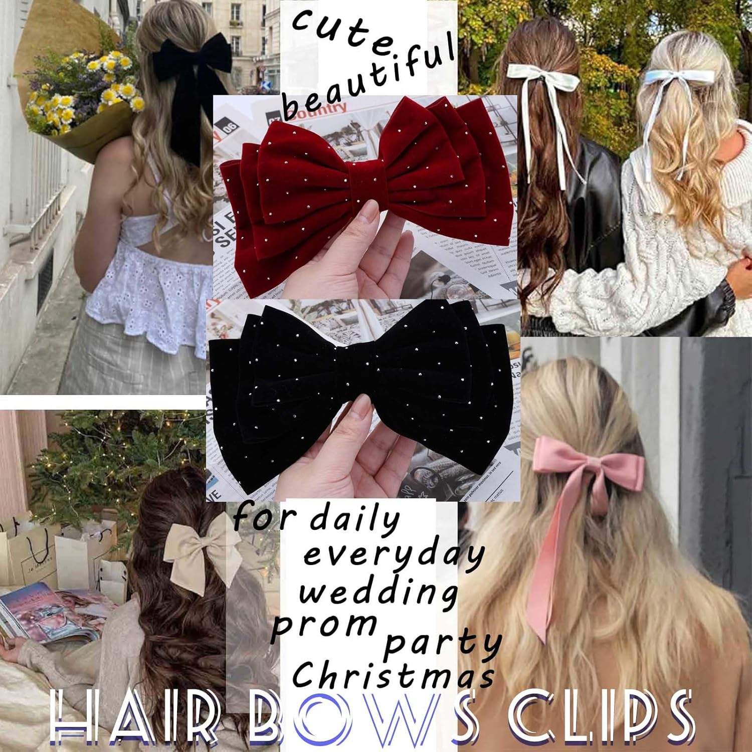 Large Hair Bows for Women Glitter Bow Hair Clips Velvet Bow Clips Cute Hair Bow Clips French Bow Crystal Bows Party Wedding Barrette Bowknot Hair Accessories Red image number 3