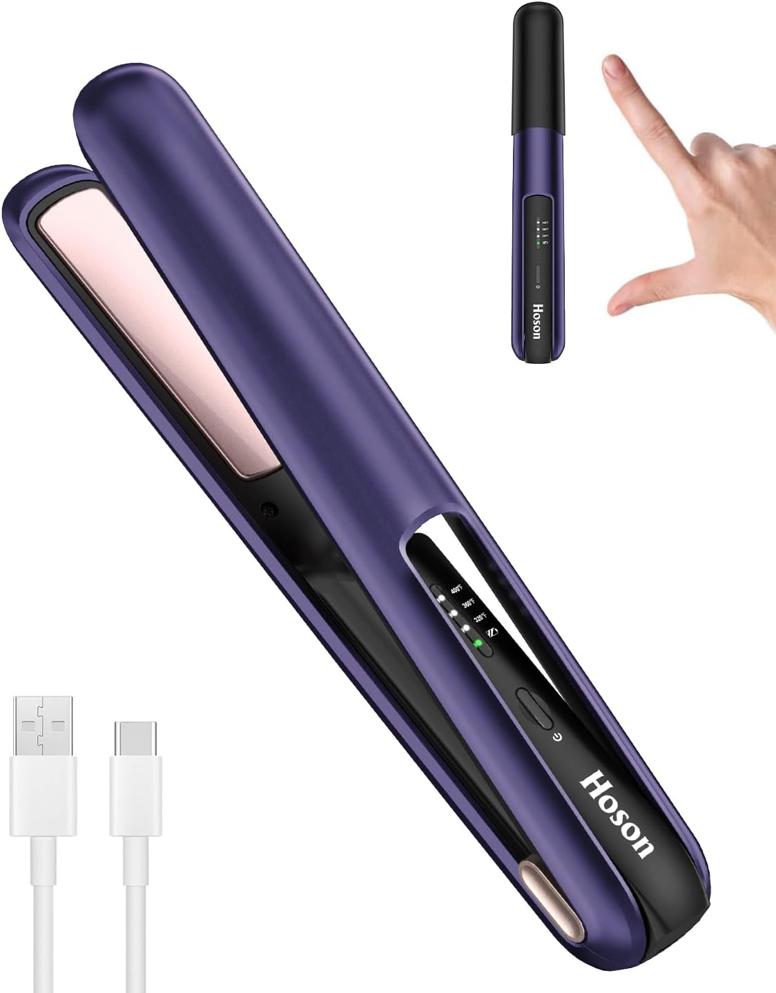 Hoson Cordless Hair Straightener,Portable Mini Flat Iron Travel for Bangs,Short Hair,Usb-C Rechargeable Wireless Curling Iron and Curler 2 in 1,Purple,For Touch Ups