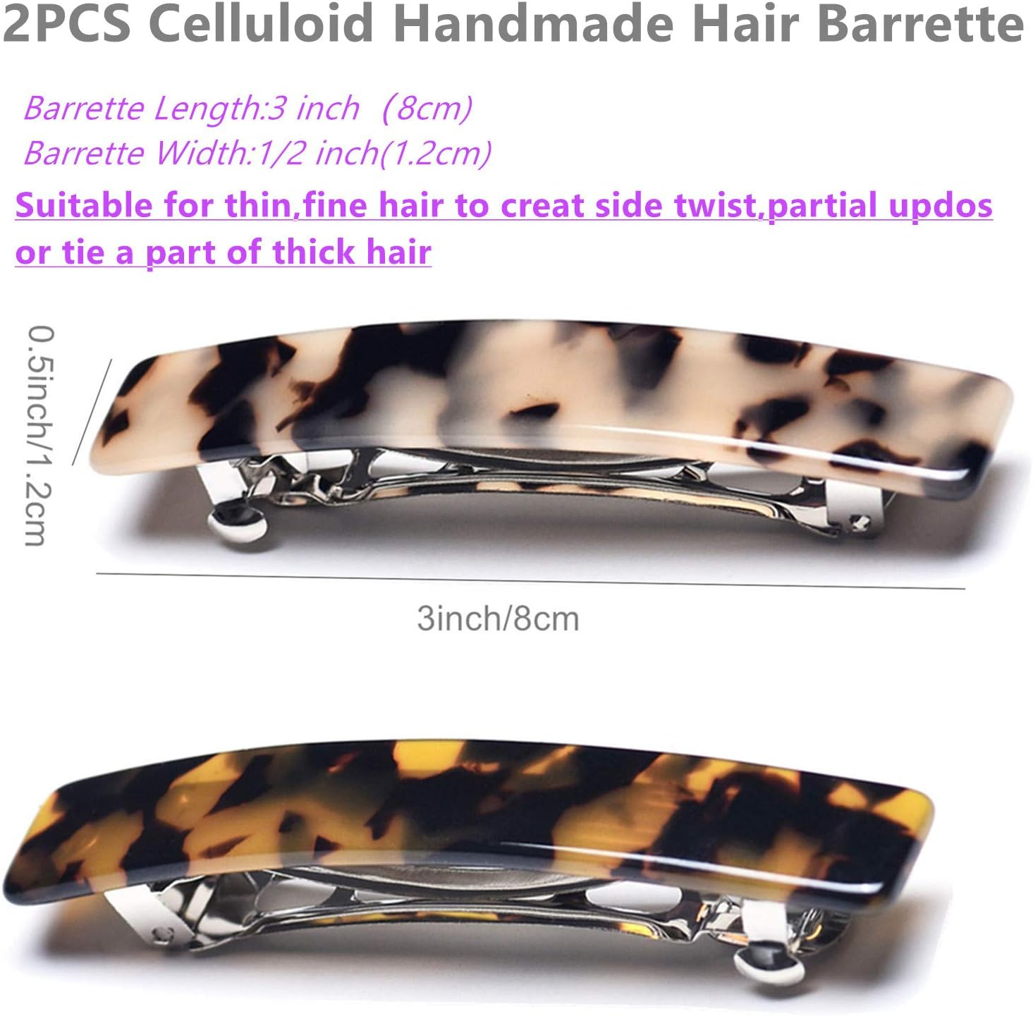 2PCS French Design Hair Barrette Tortoise Shell Celluloid Rectangle Hair Clips for Women - Blue,Onyx Green image number 2